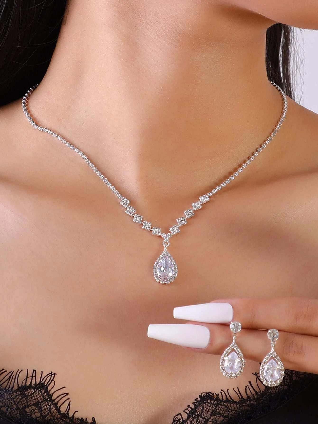 Rhinestone Water-Drop Charm Necklace & Drop Earrings for Women for Party Banquet Wedding