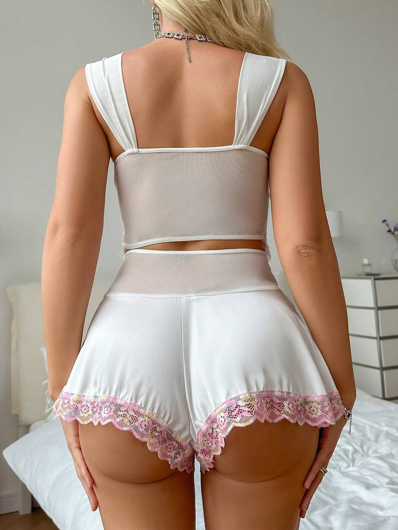 Ladies' Contrast Color Embroidery Lace Spliced Cami Top and Shorts Pajama Set