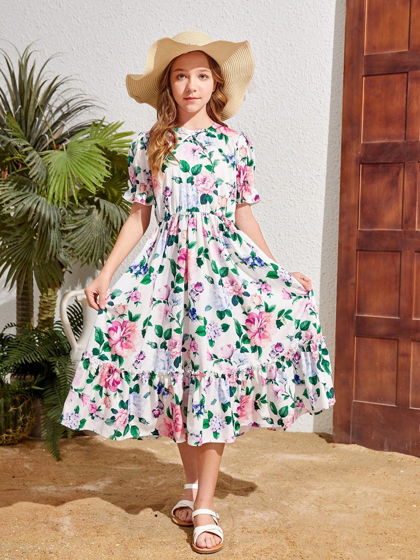 Tween Girl'S Woven Floral Print round Neckline Fitted Waist Casual Holiday Dress