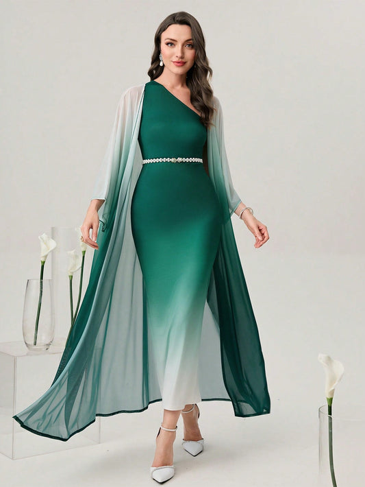 Modely Ombre Shoulder Sloping Dress with Coat Evening Dress