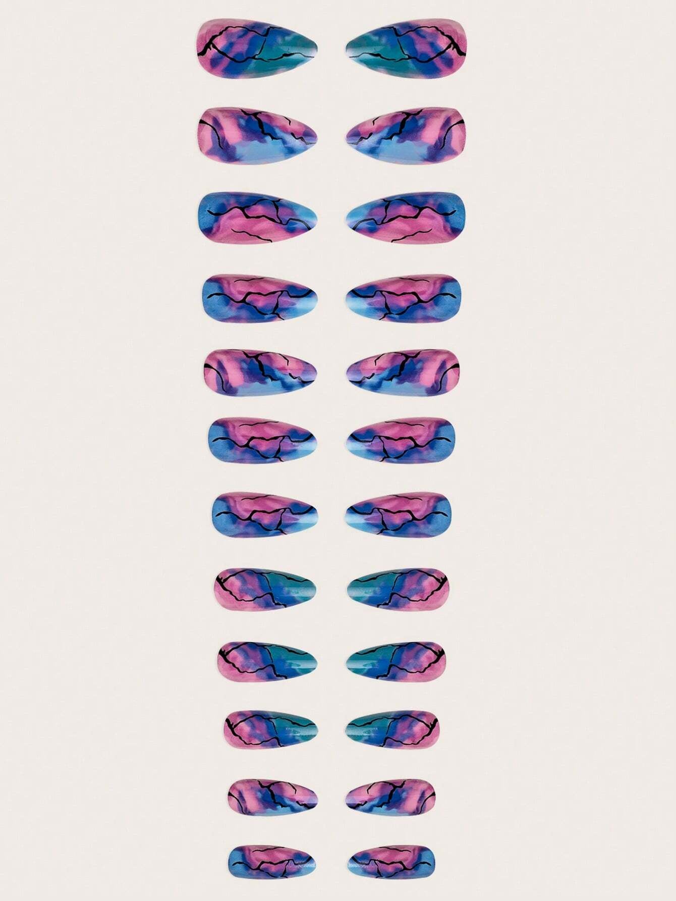 Marble Pattern, Silver Glitter, Medium Sized Coffin False Nails Set (24 Pcs) + Jelly Glue (1 Pc) + Nail File (1 Pc)