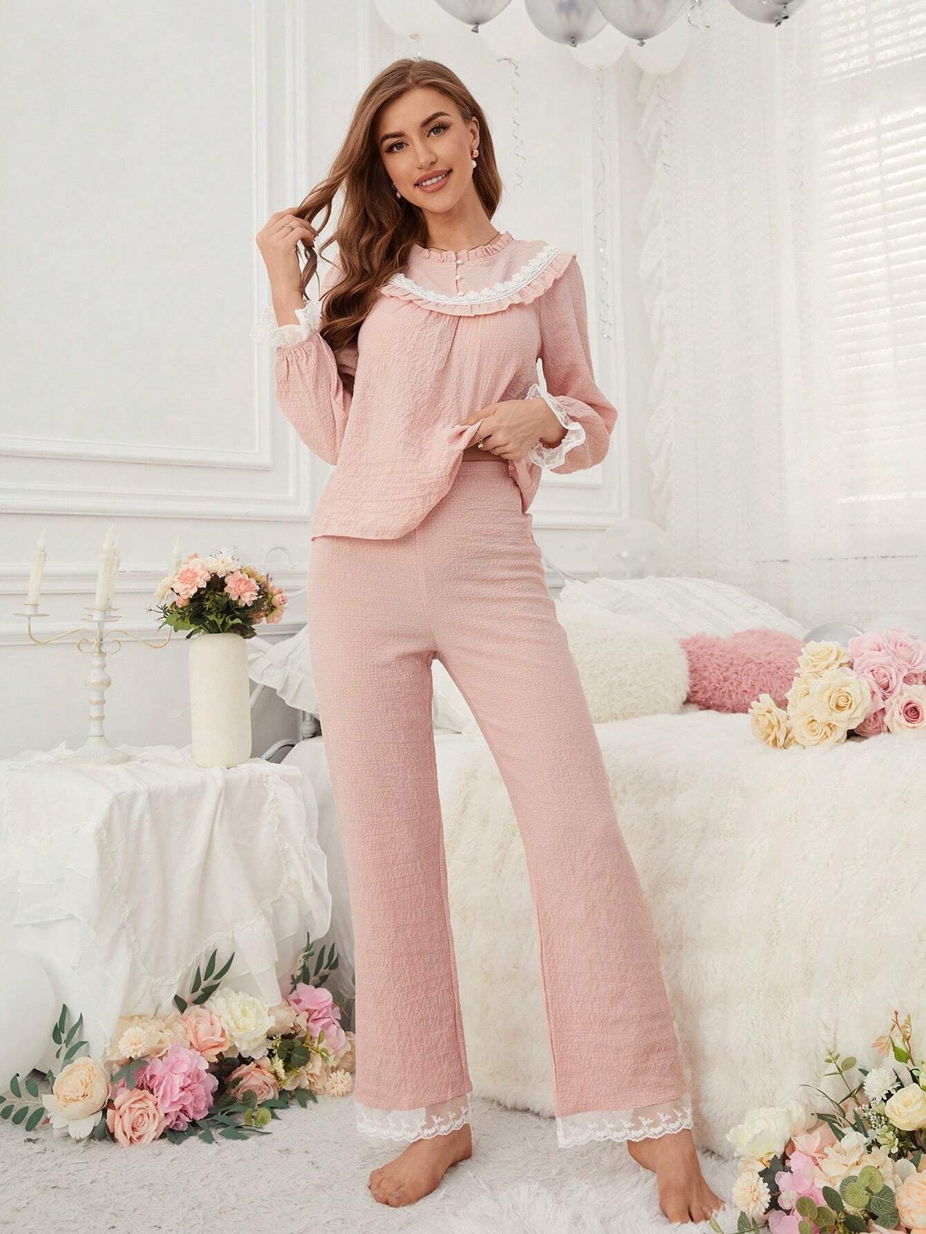 Ladies' Lace Patchwork Pajama Set with Frill Edge Design Long-Sleeved Top and Pants