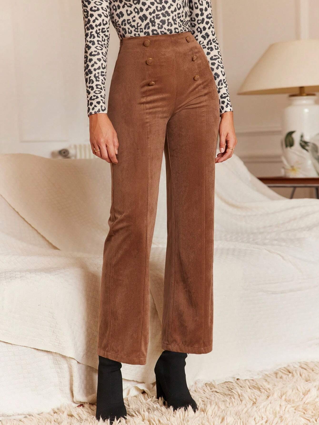 Frenchy High-Waisted Straight Leg Pants with Double Breasted Decoration