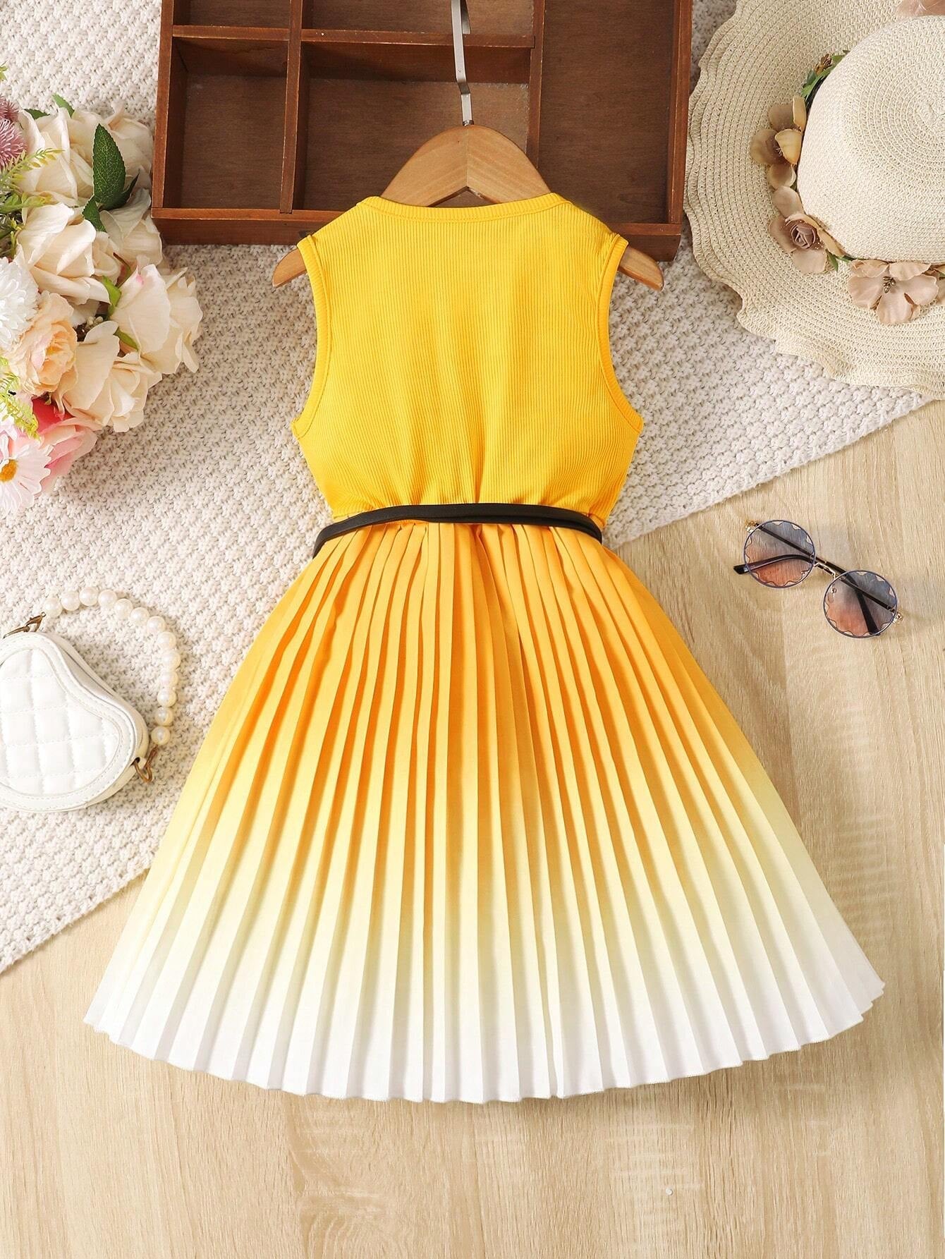 Young Girl Gradient Colorblock Pleated Hem Sleeveless Dress for Summer