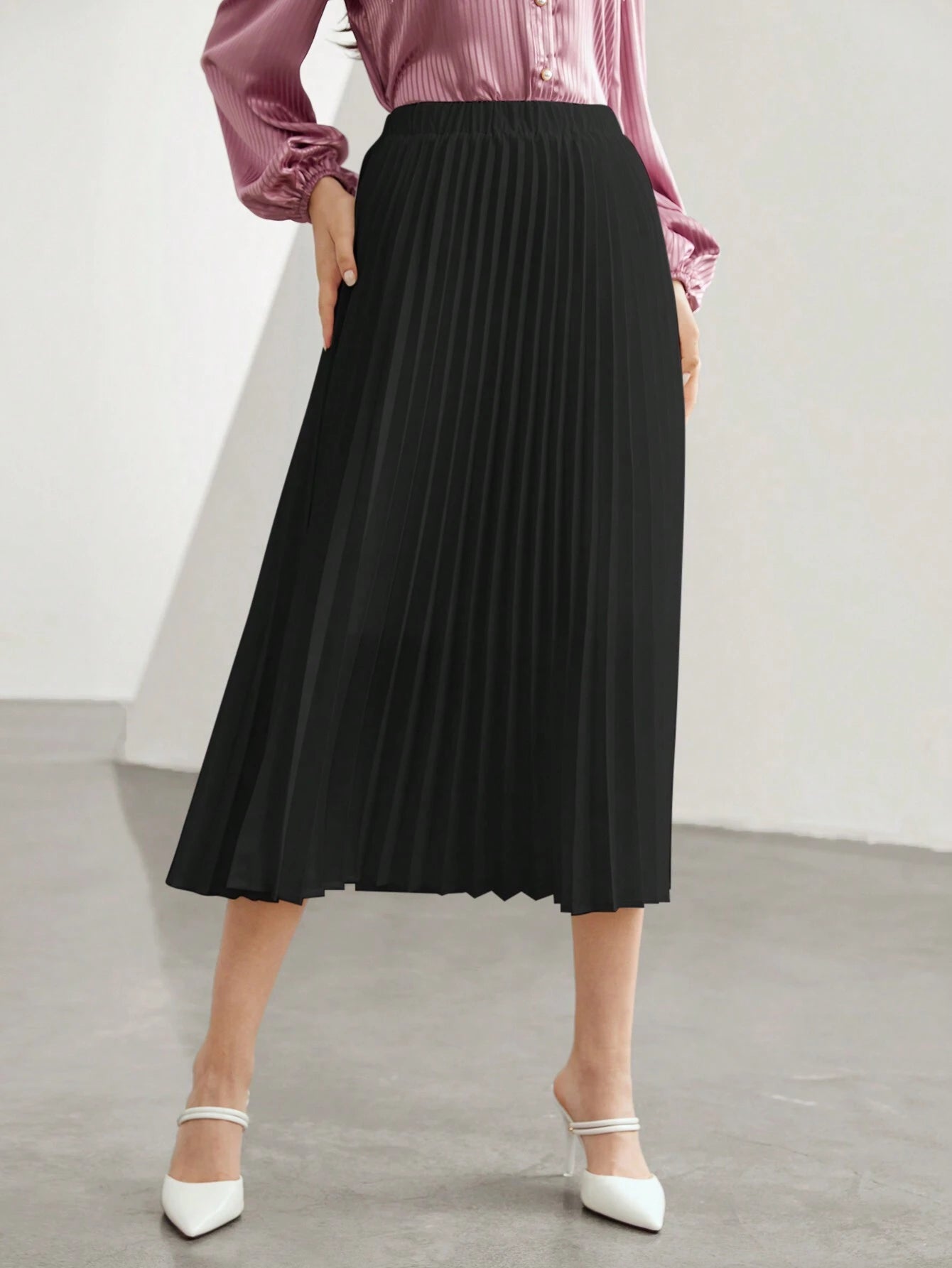 Mulvari Women'S Elastic Waist Pleated Skirt