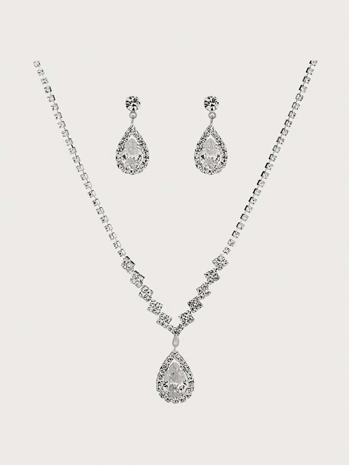 Rhinestone Water-Drop Charm Necklace & Drop Earrings for Women for Party Banquet Wedding