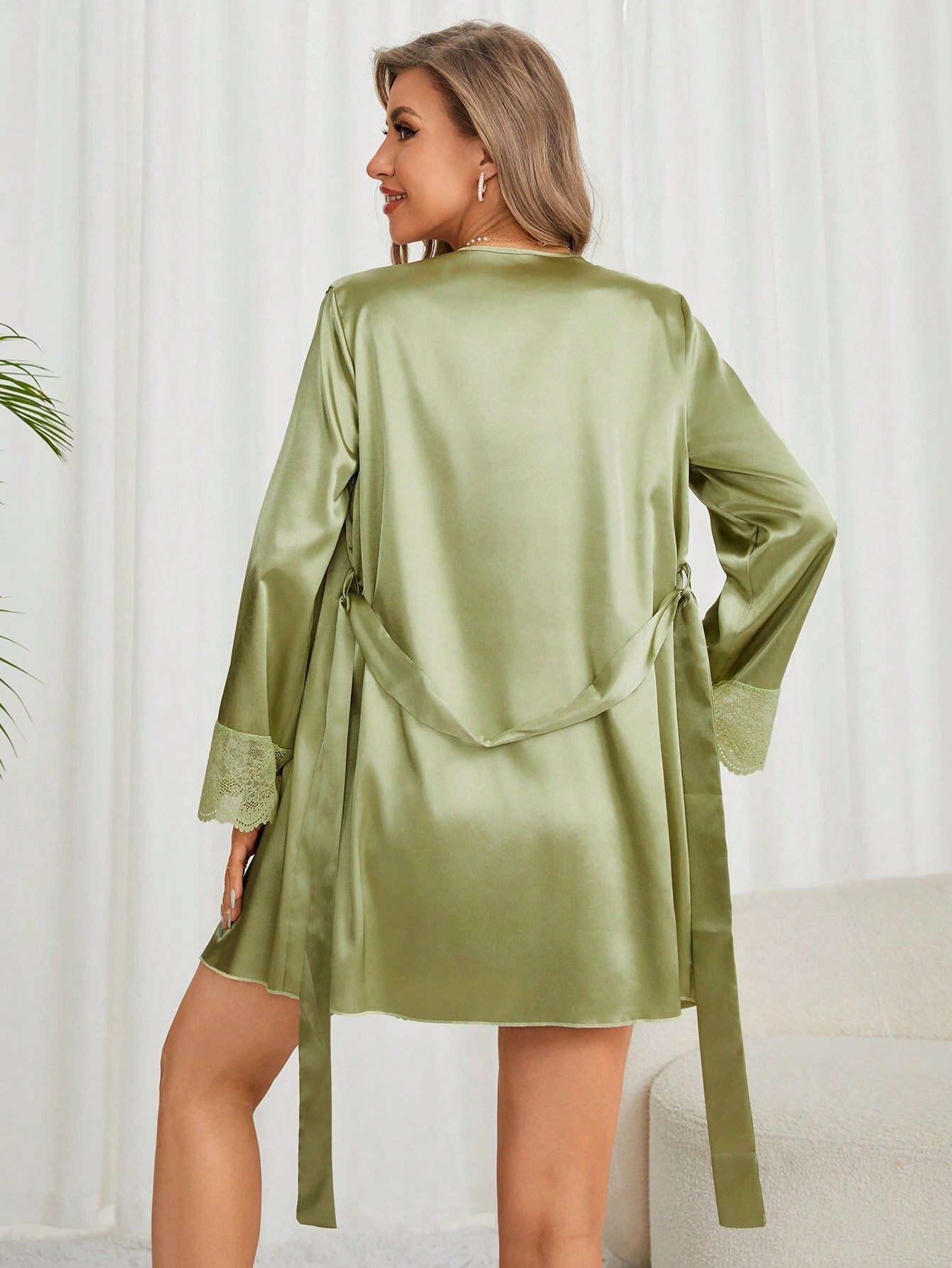 Ladies' Lace Detailing Waist Tie Sleepwear Set