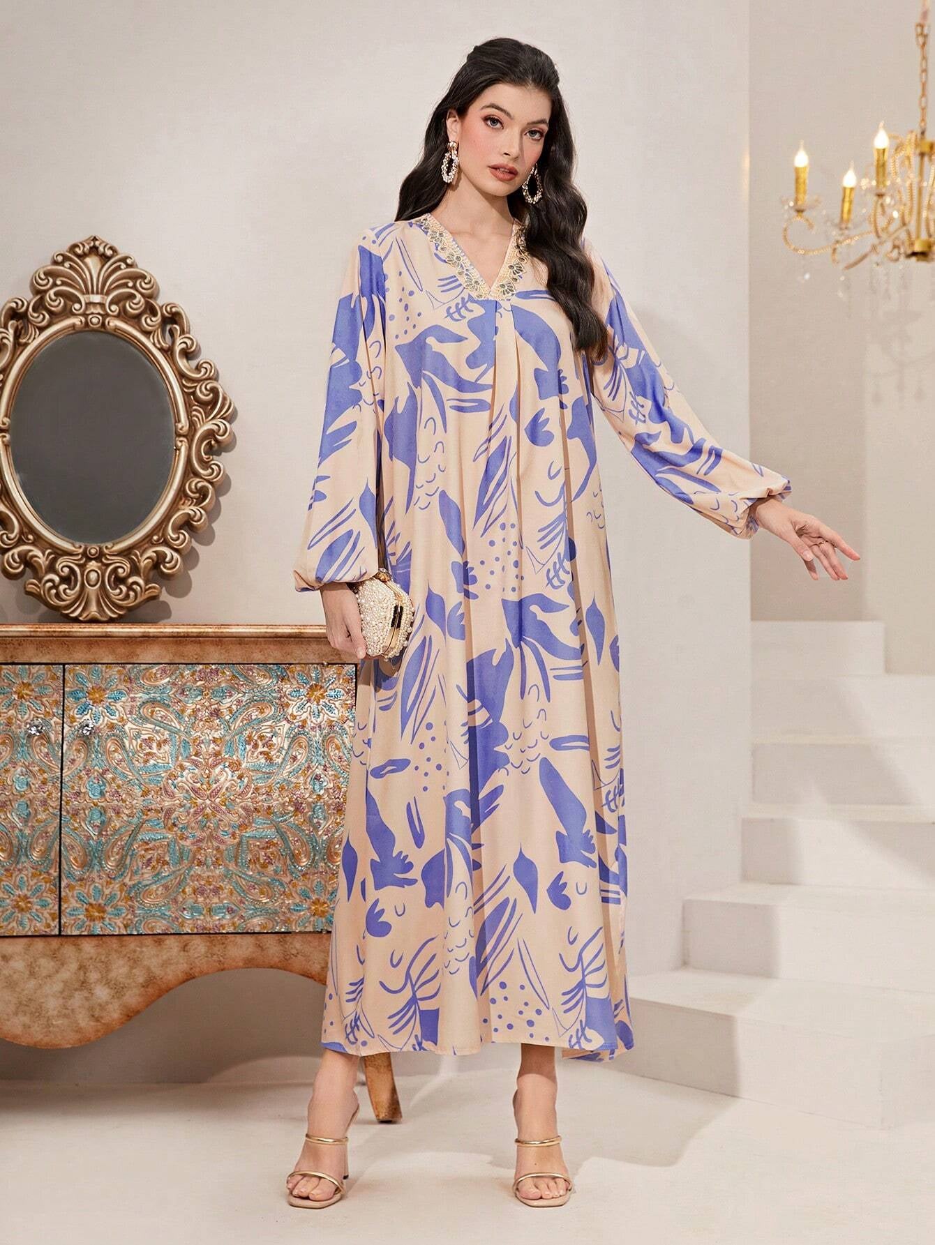 Najma Allover Print V Neck Lantern Sleeve Dress