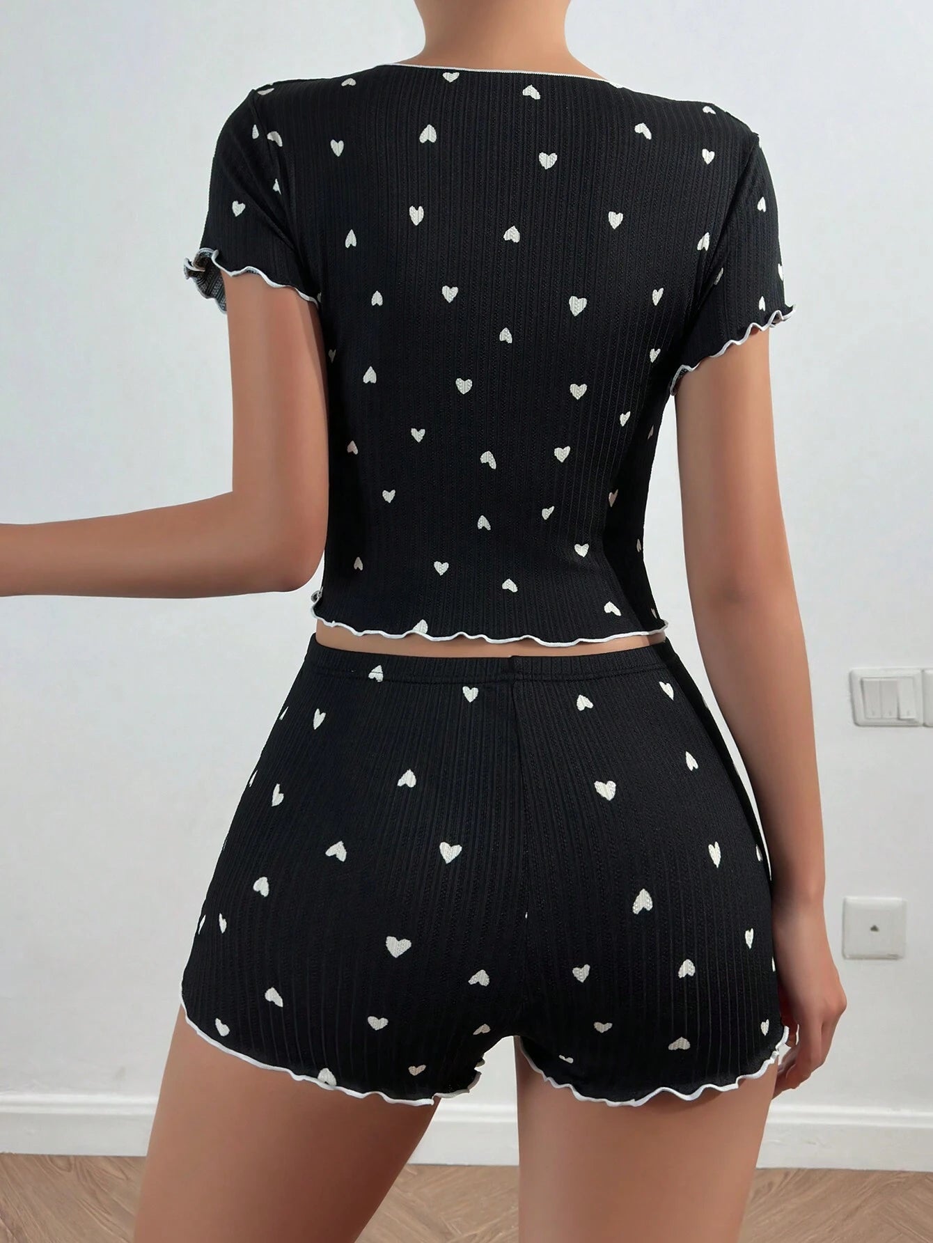 Women'S Heart Print Pajama Set with Bow Decorations