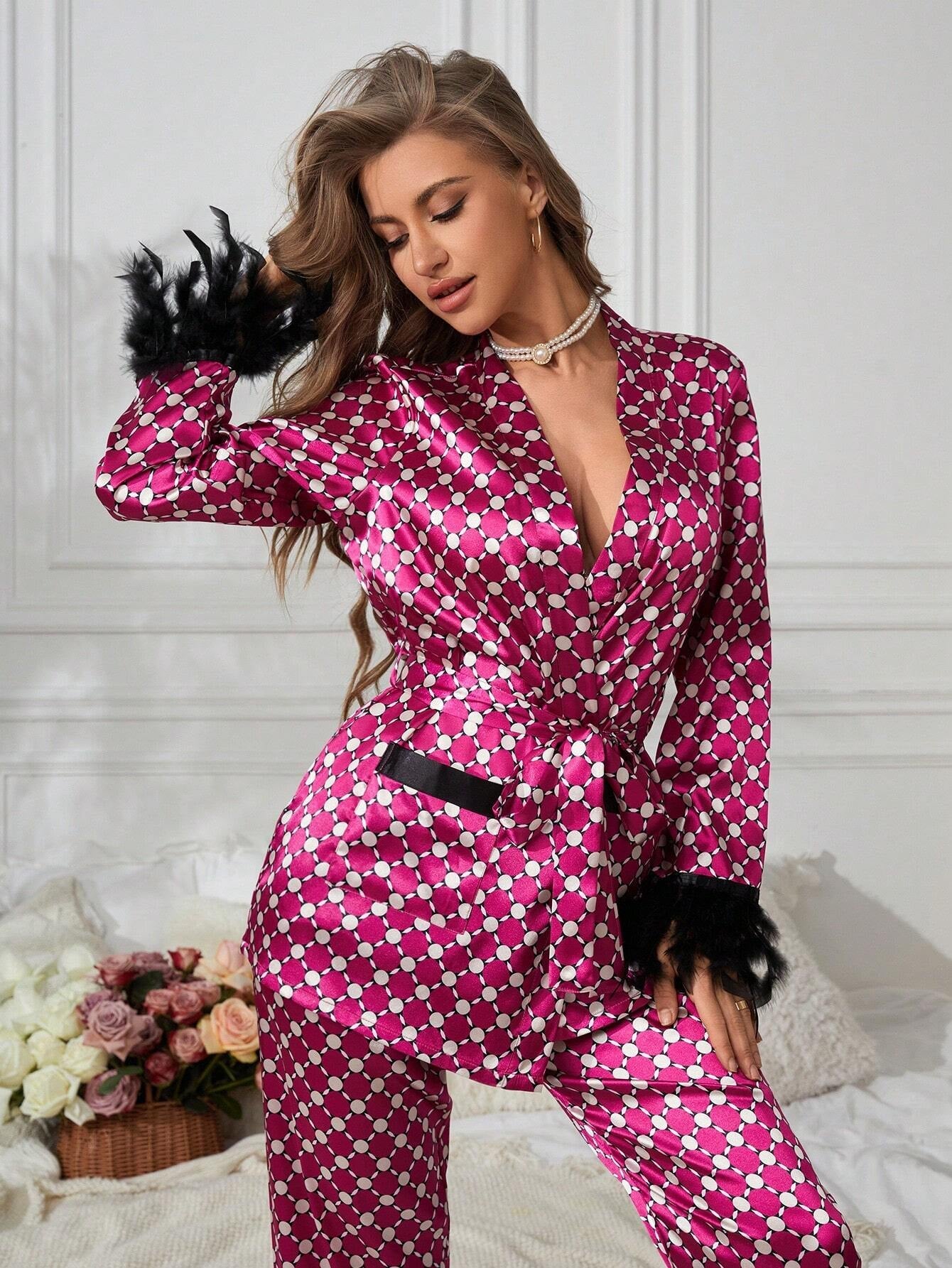 Allover Print Fuzzy Trim Belted Satin PJ Set