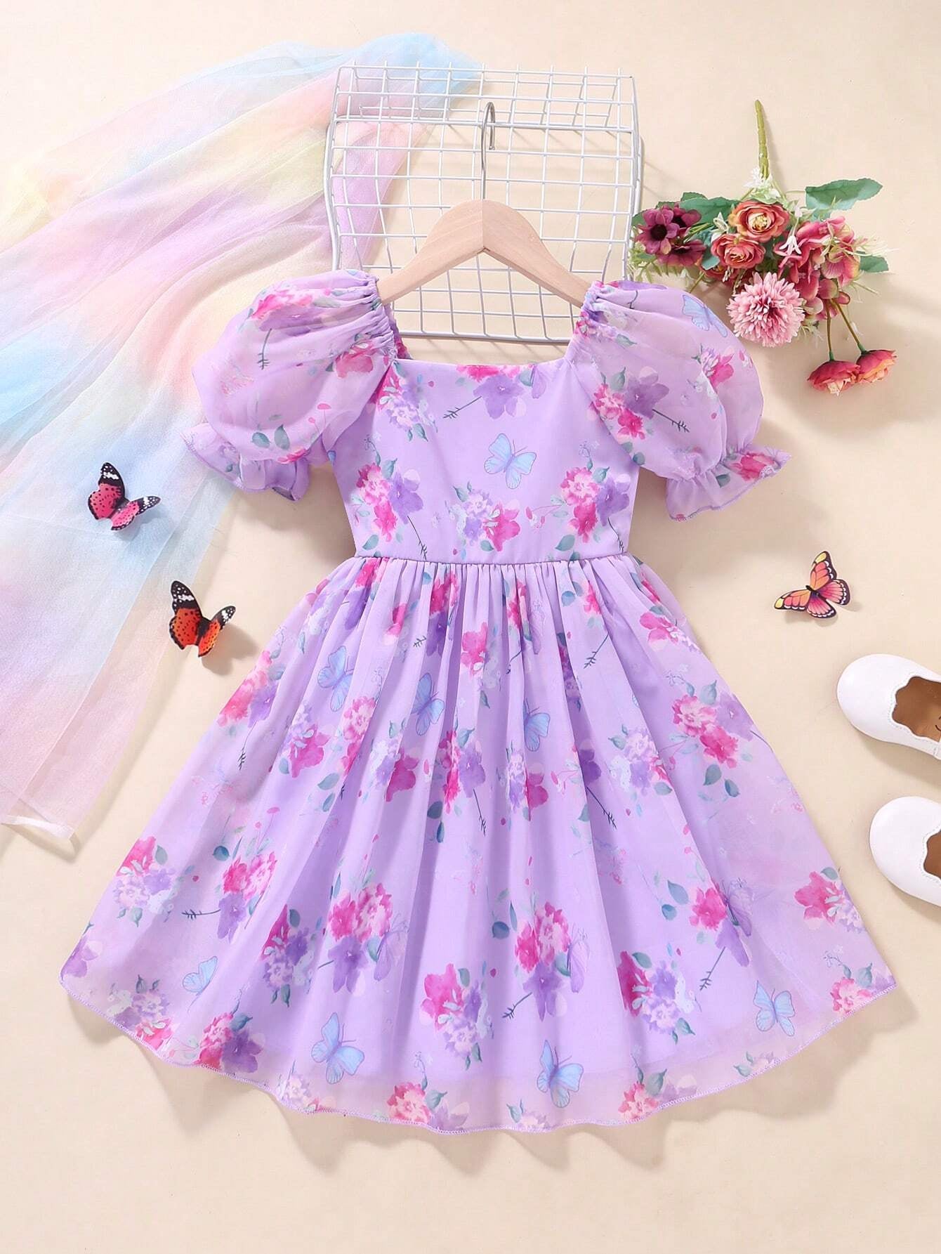 Young Girl'S Floral Printed Puff Sleeve Dress