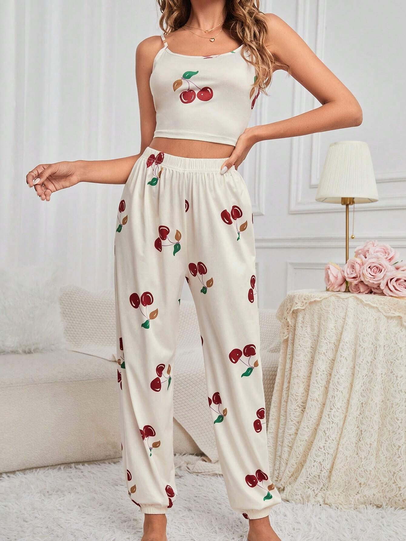 Women'S Cherry Printed Camisole Top and Pants Pajama Set