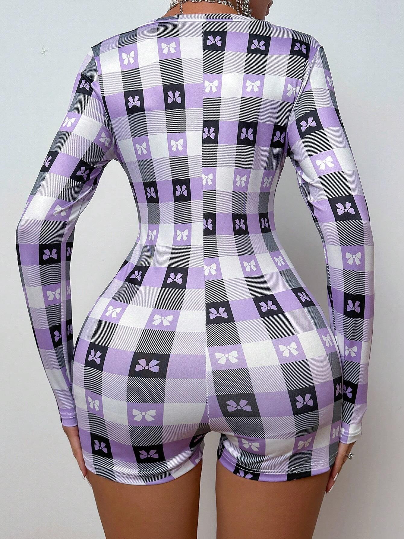 Women'S Plaid Bow Print Pajama Romper