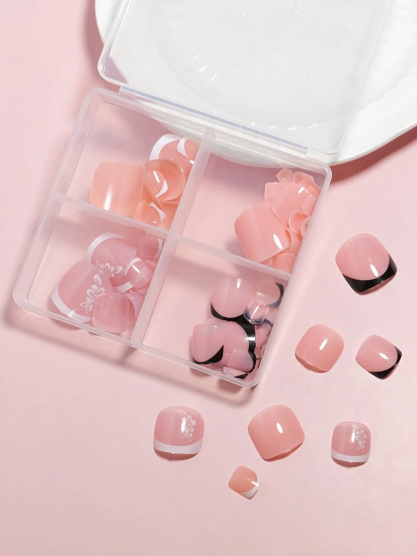96Pcs(Black/White/Red/Light Pink) Short Square Press on Toenails Designed Press on Toenails Full Cover, 4 Glossy False Toenails for Feet, French Design Fake Toenails for Summer Nail Art Set for Women and Girls with Re-Usable Storage Box
