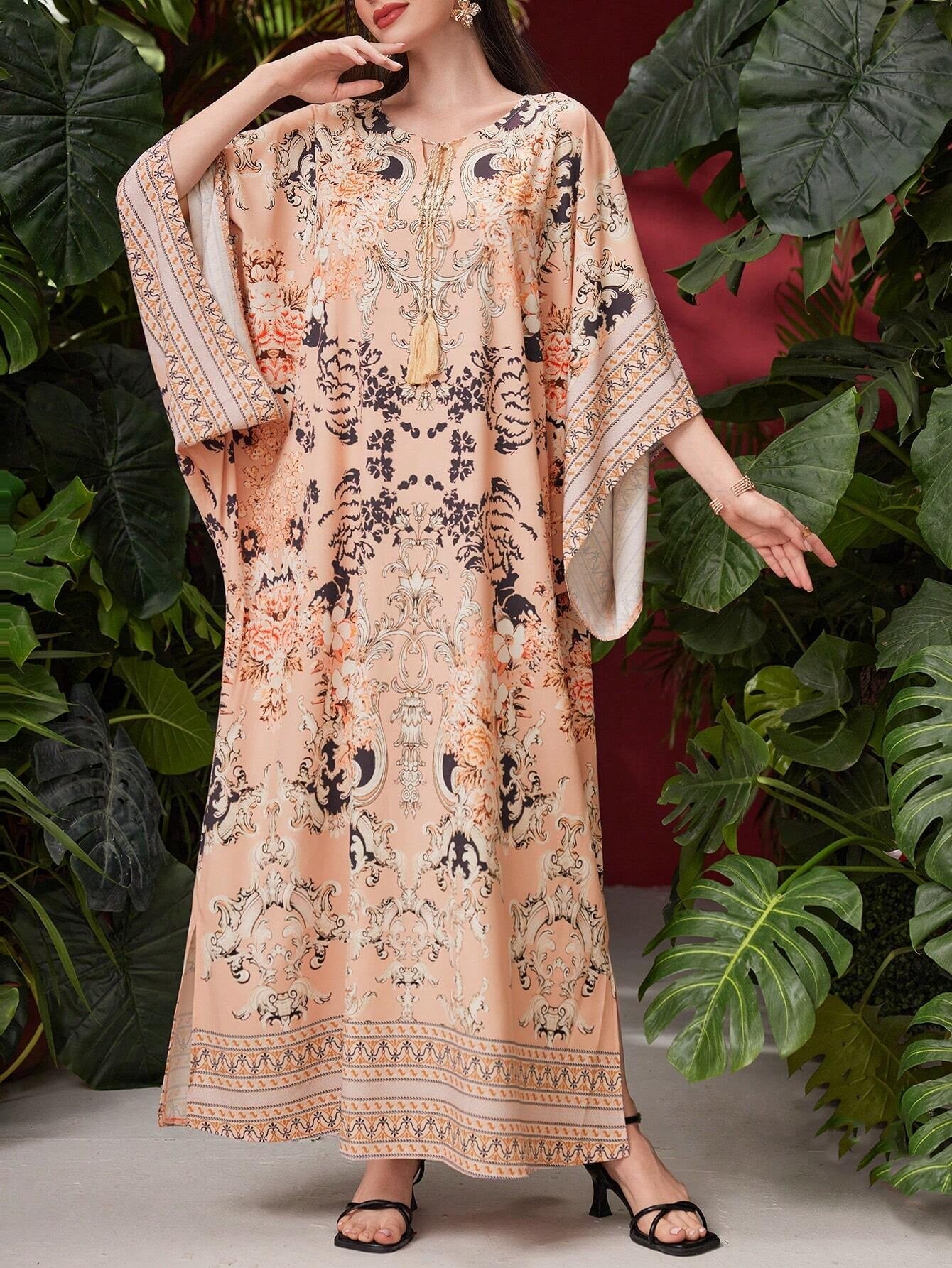 Najma Ladies' Floral Printed Batwing Sleeve Arab Style Dress