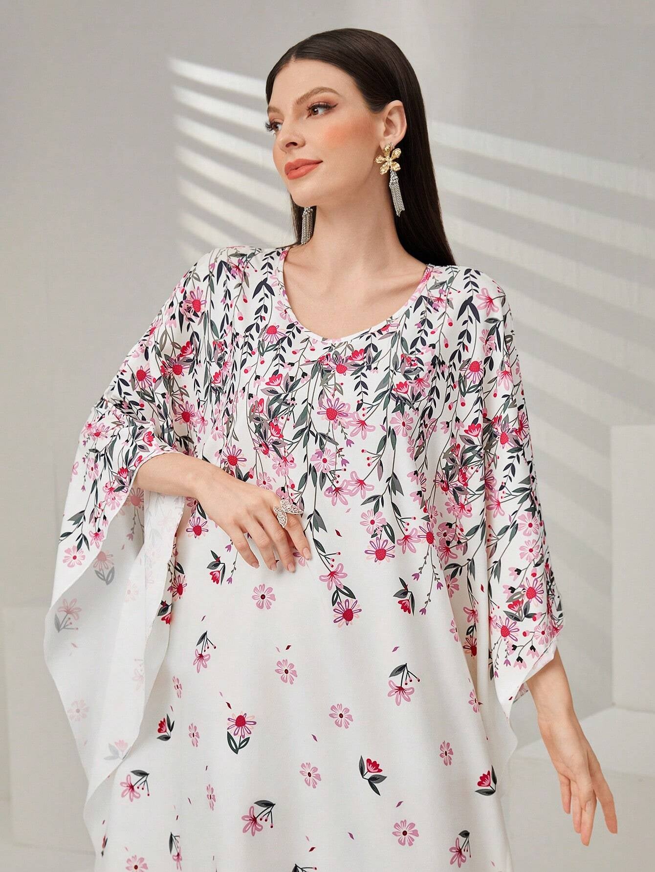 Najma Women'S Floral Print Batwing Sleeve Turkish Long Shirt