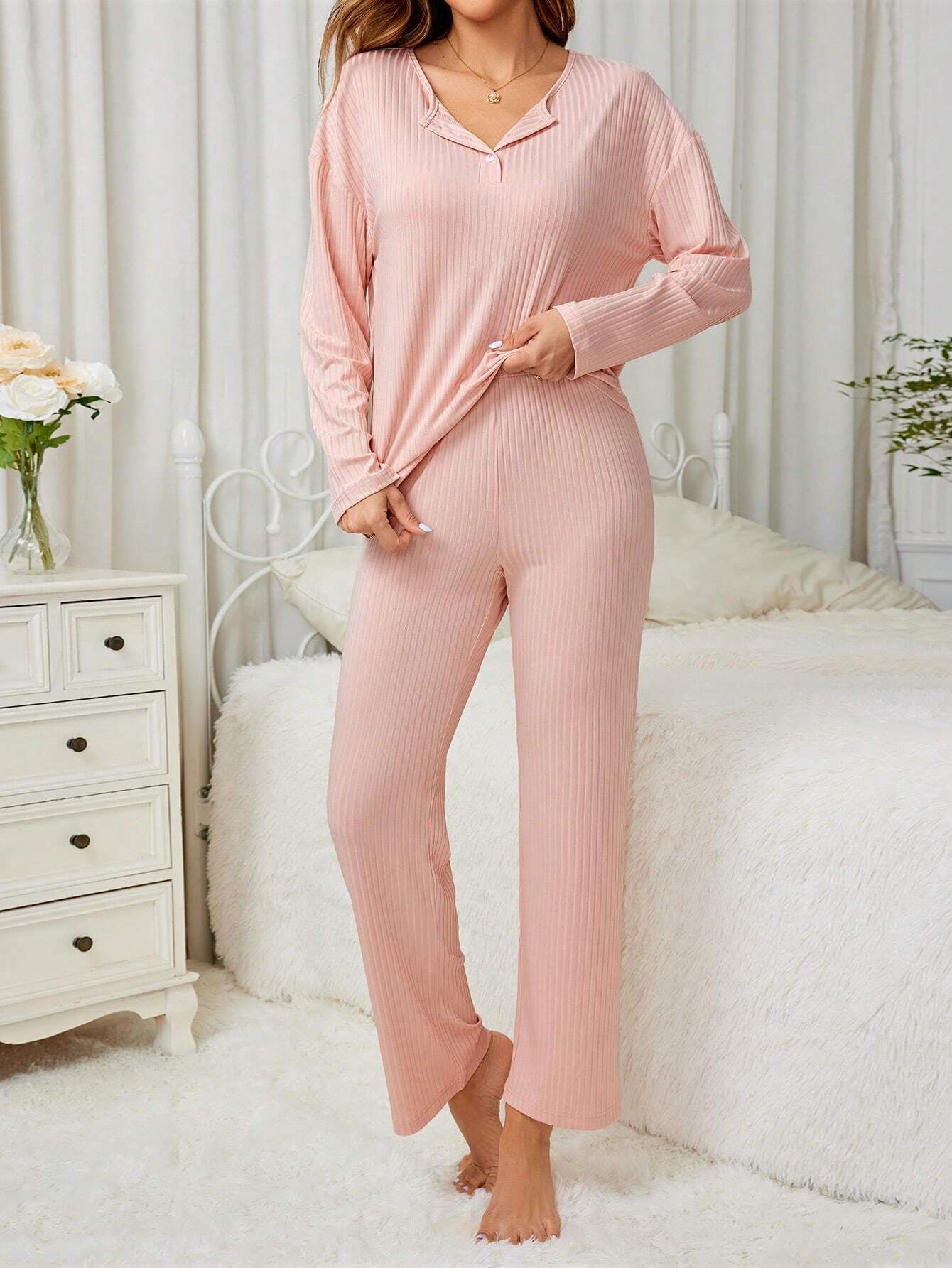 Solid Color Ribbed Long-Sleeved Loungewear Suit