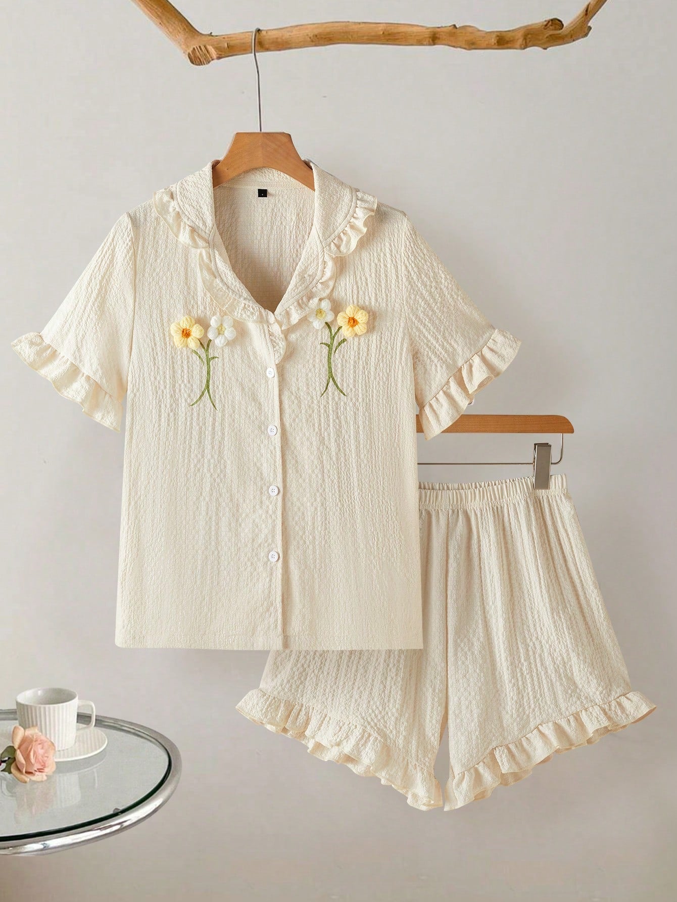 Women'S Apricot Loose Fit Short Sleeve Top and Shorts 2-Piece Pajama Set