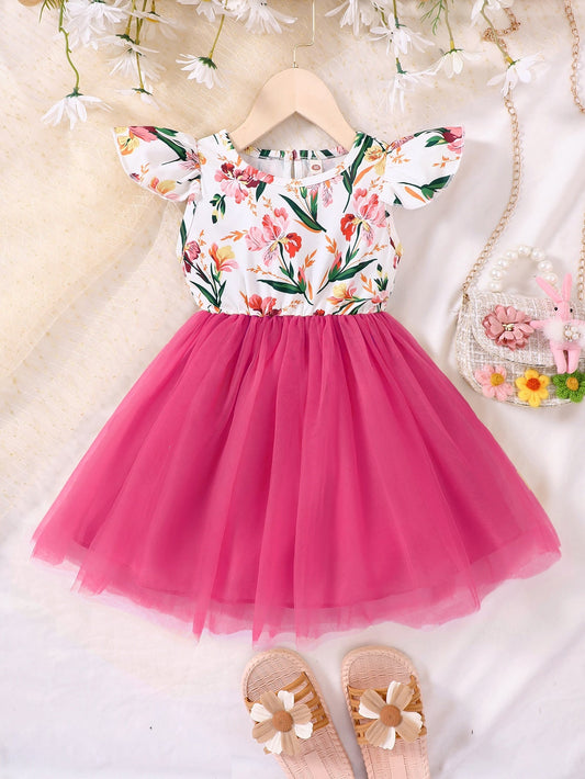 Young Girl Floral Print Contrast Mesh A-Line Dress