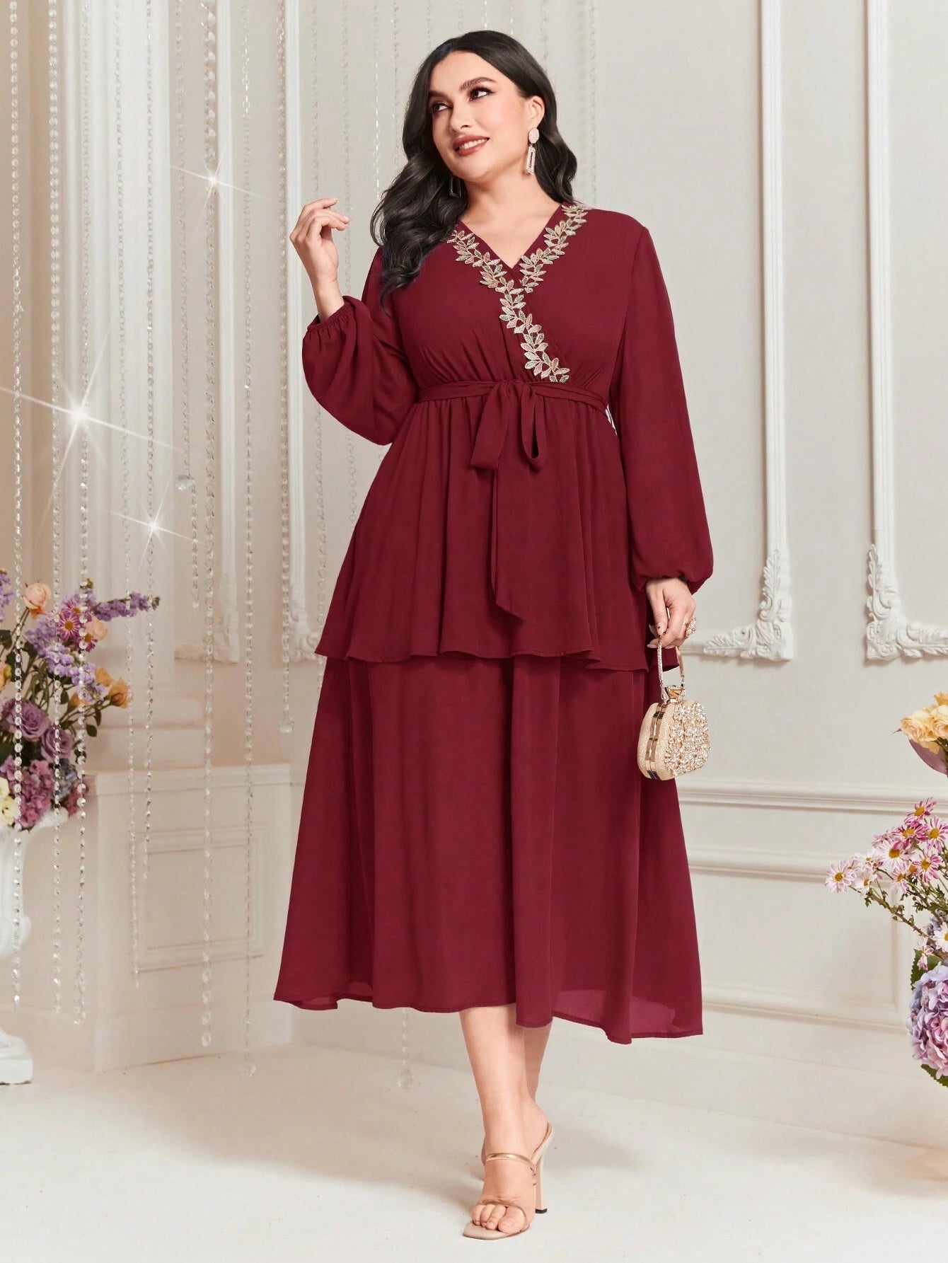 Modely plus Size Embroidered Decor Lantern Sleeve Dress