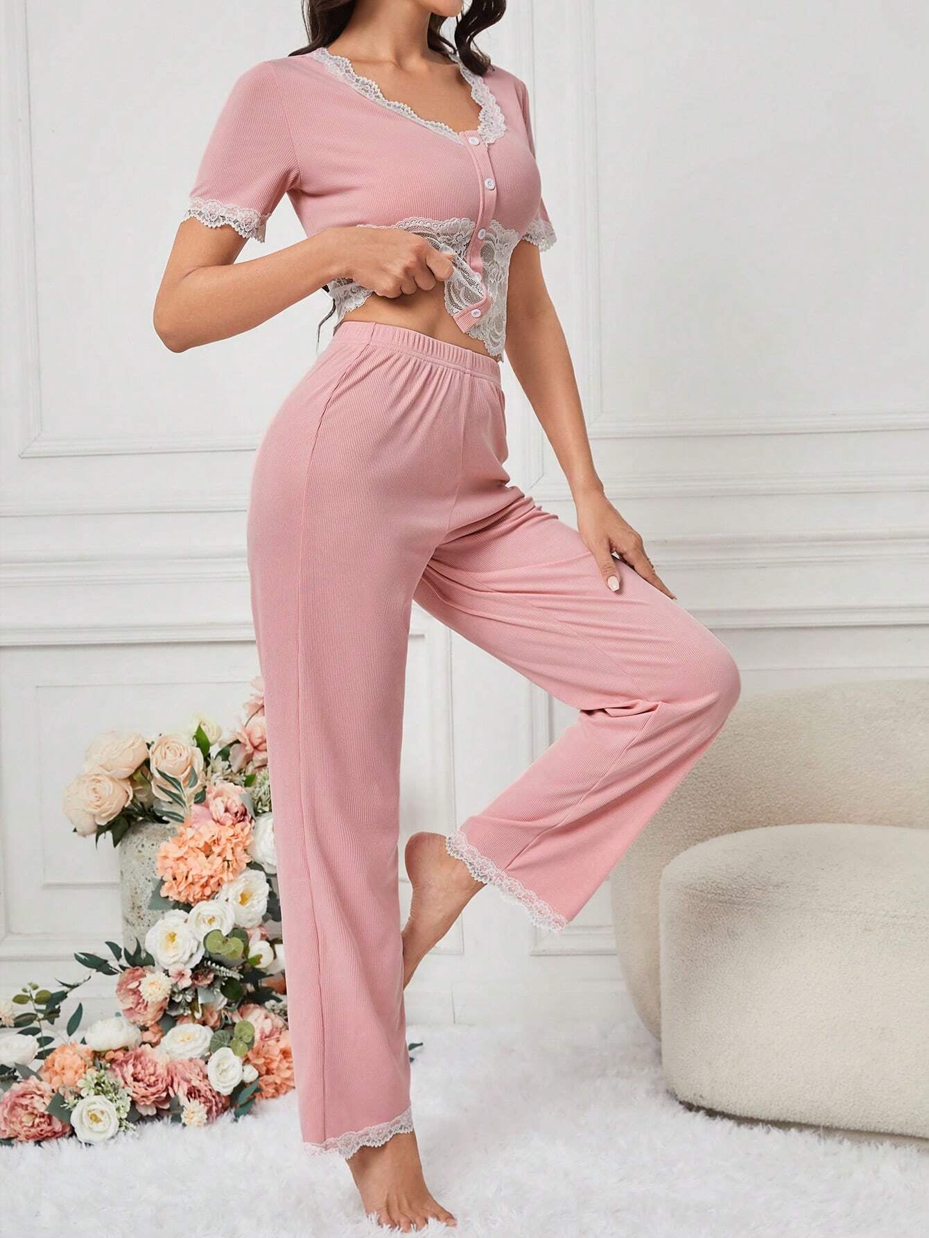 Ladies' Spliced Lace Short Sleeve Top and Long Pants Pajama Set