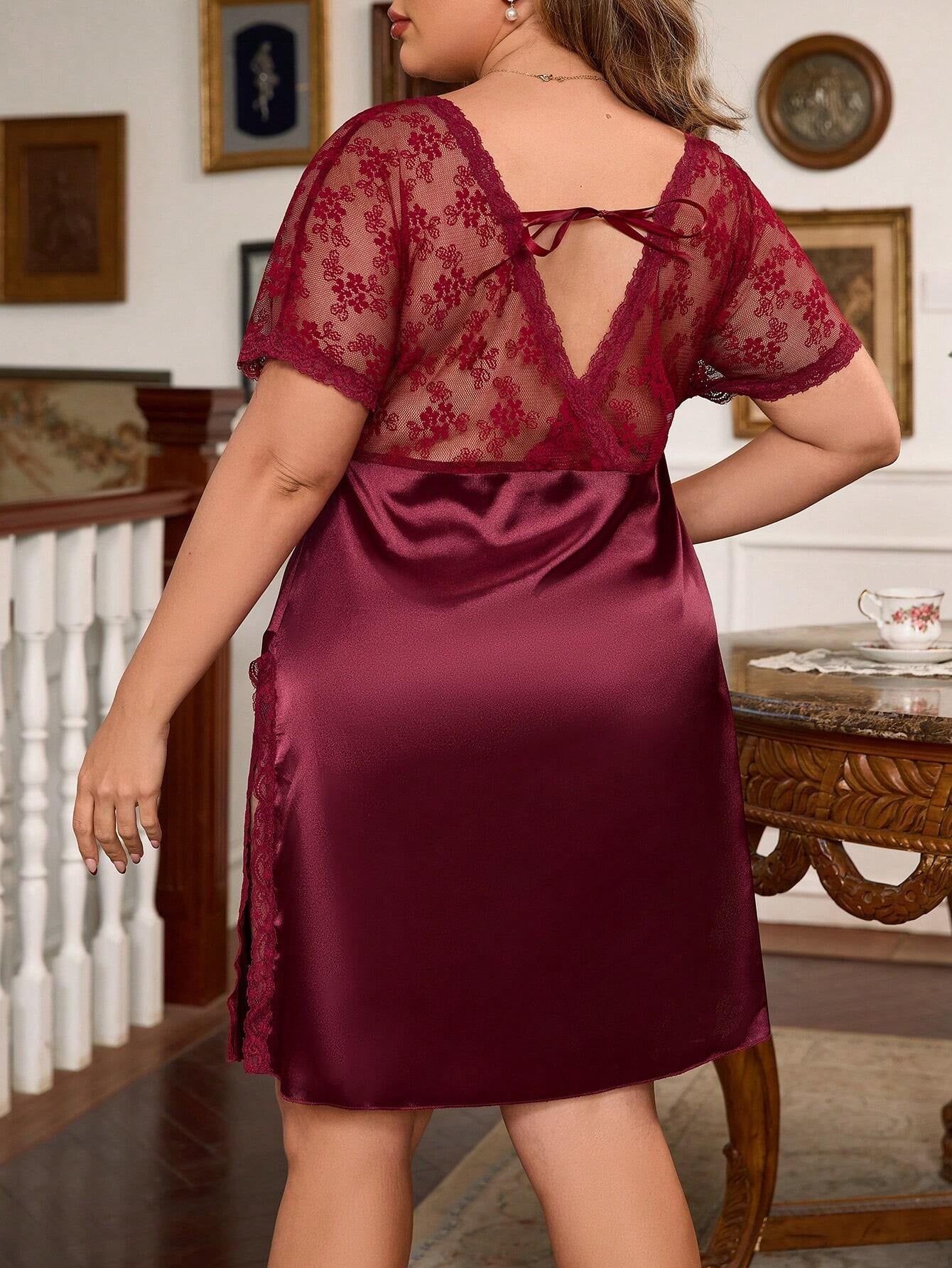 Plus Size Women'S Lace Patchwork Satin Nightgown
