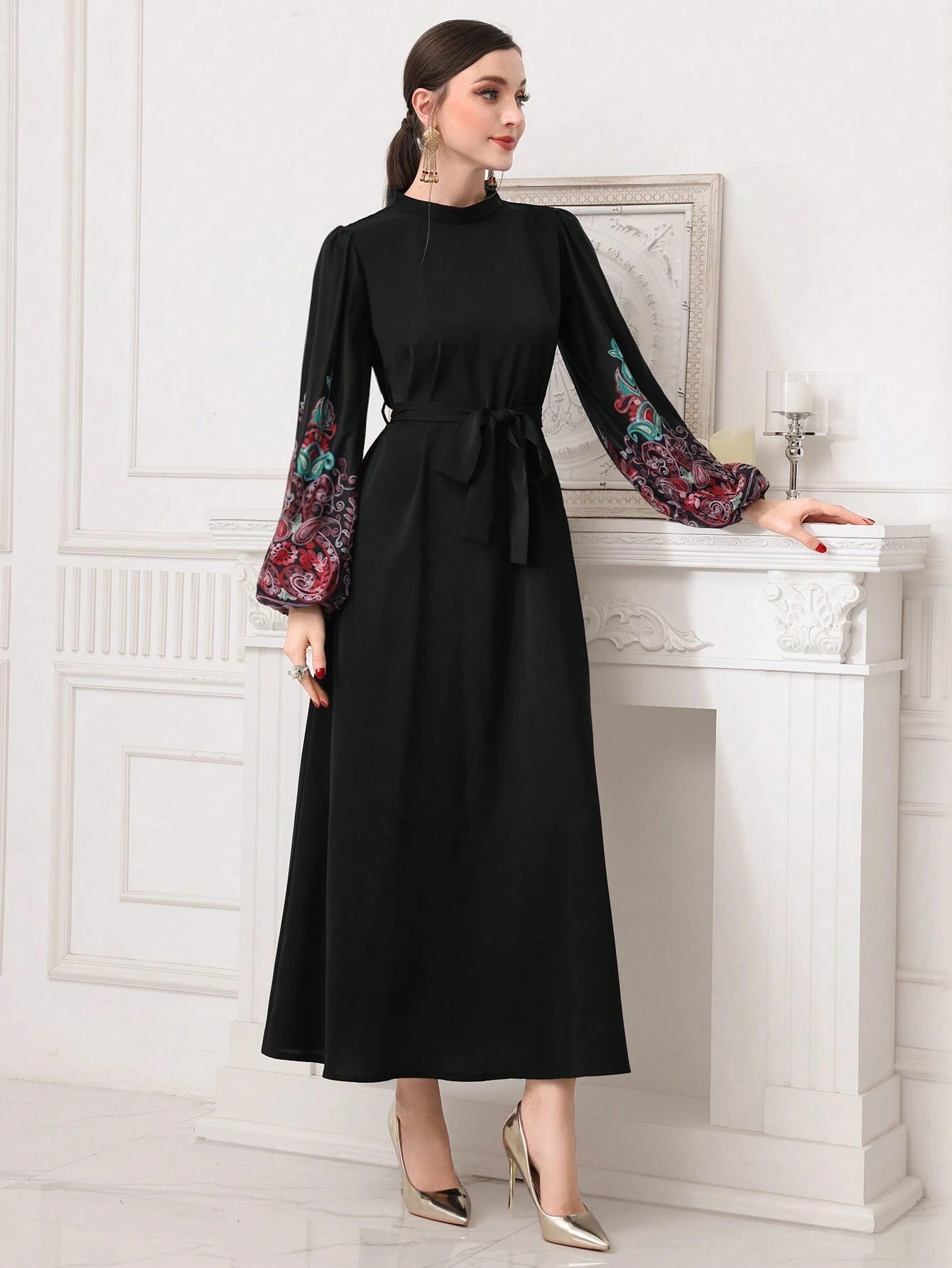 Najma Women'S Floral Printed Lantern Sleeve Dress with Belt