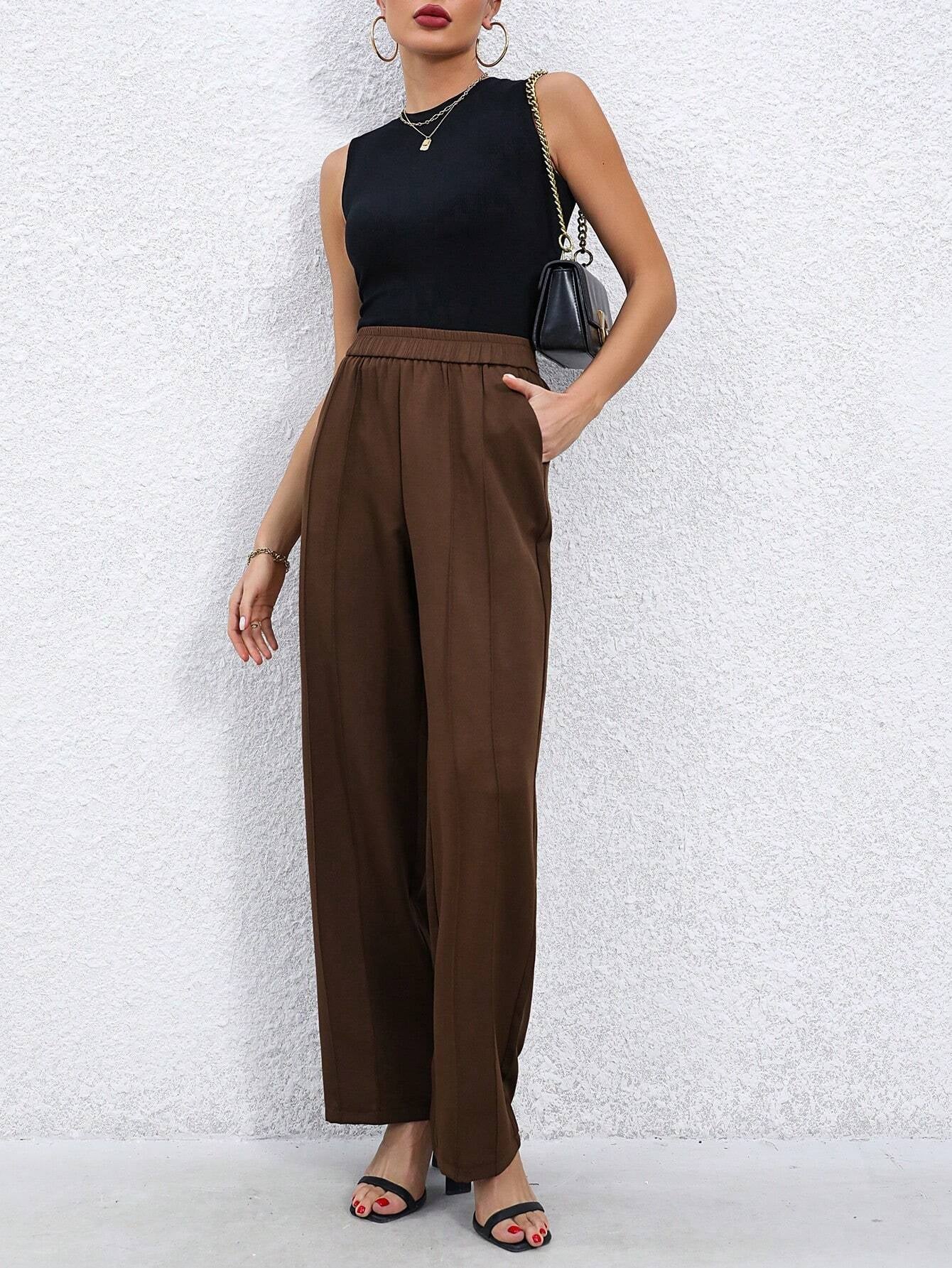 Privé Ladies' Solid Color Elastic Waist Pocketed Long Pants