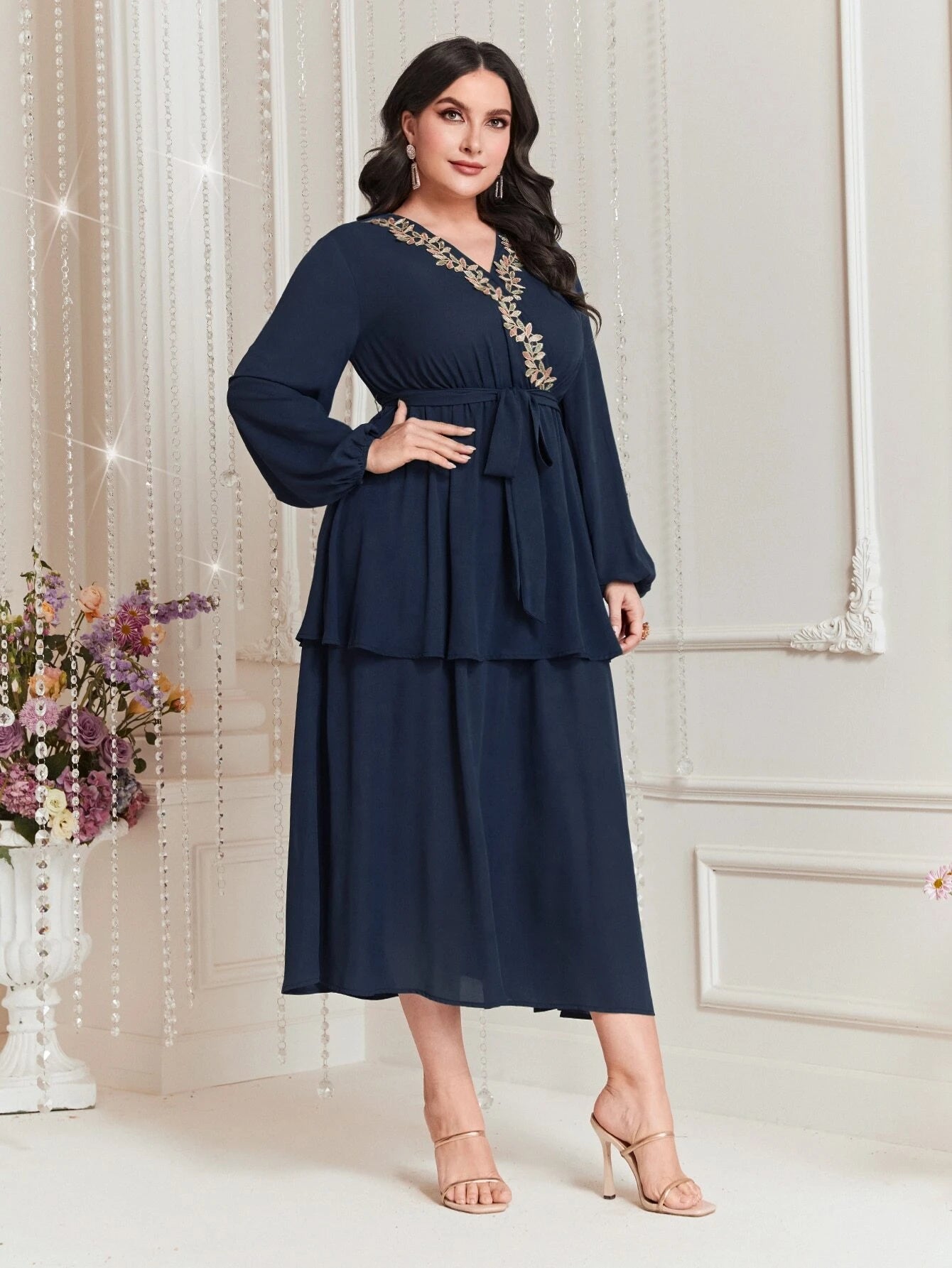 Modely plus Size Embroidered Decor Lantern Sleeve Dress
