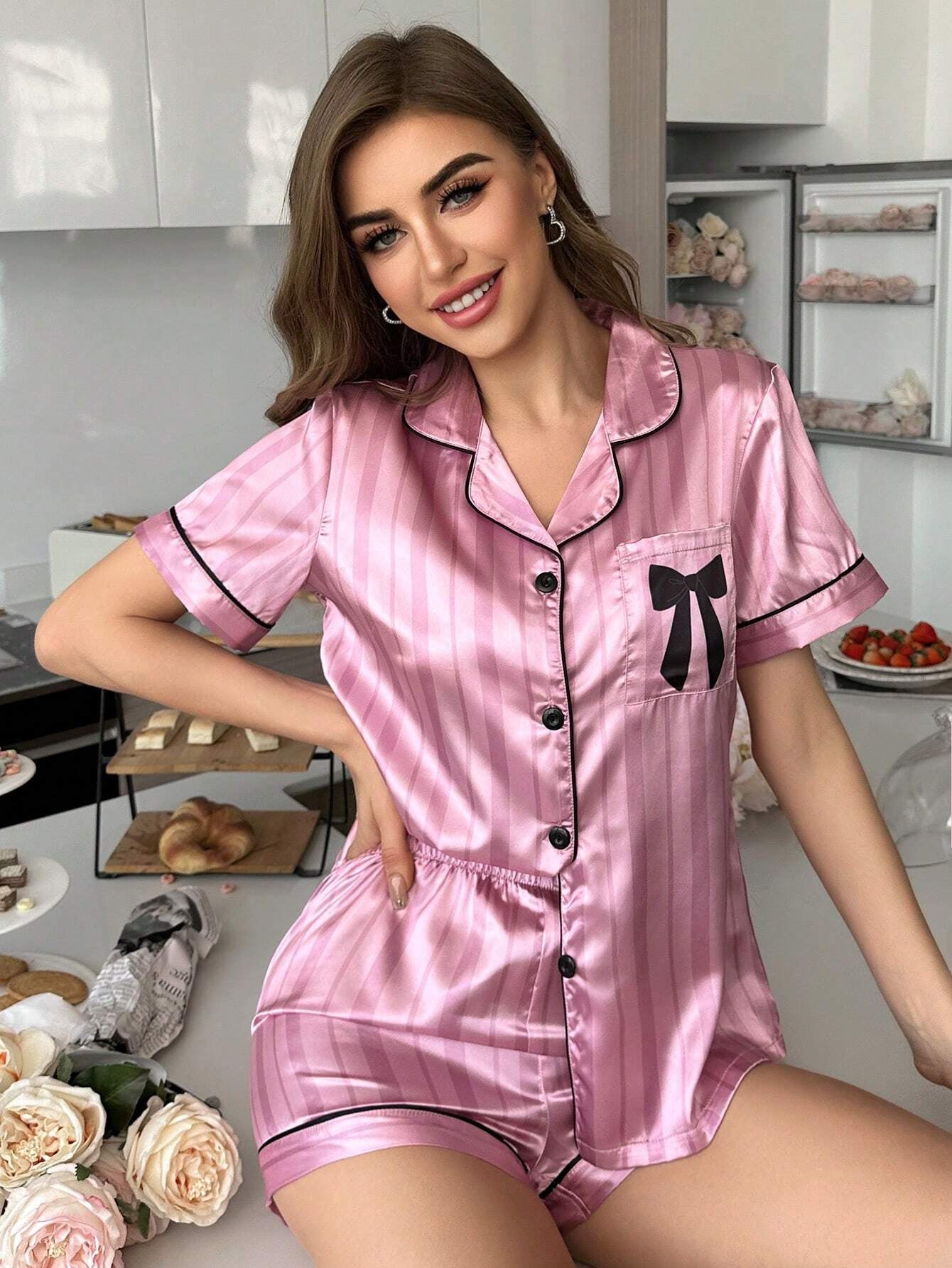 Bow Print Pocket Pink Striped Satin Pajama Set