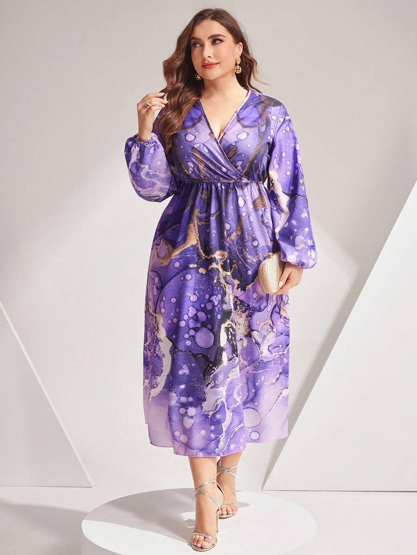 Modely plus Size Printed Lantern Sleeve Dress