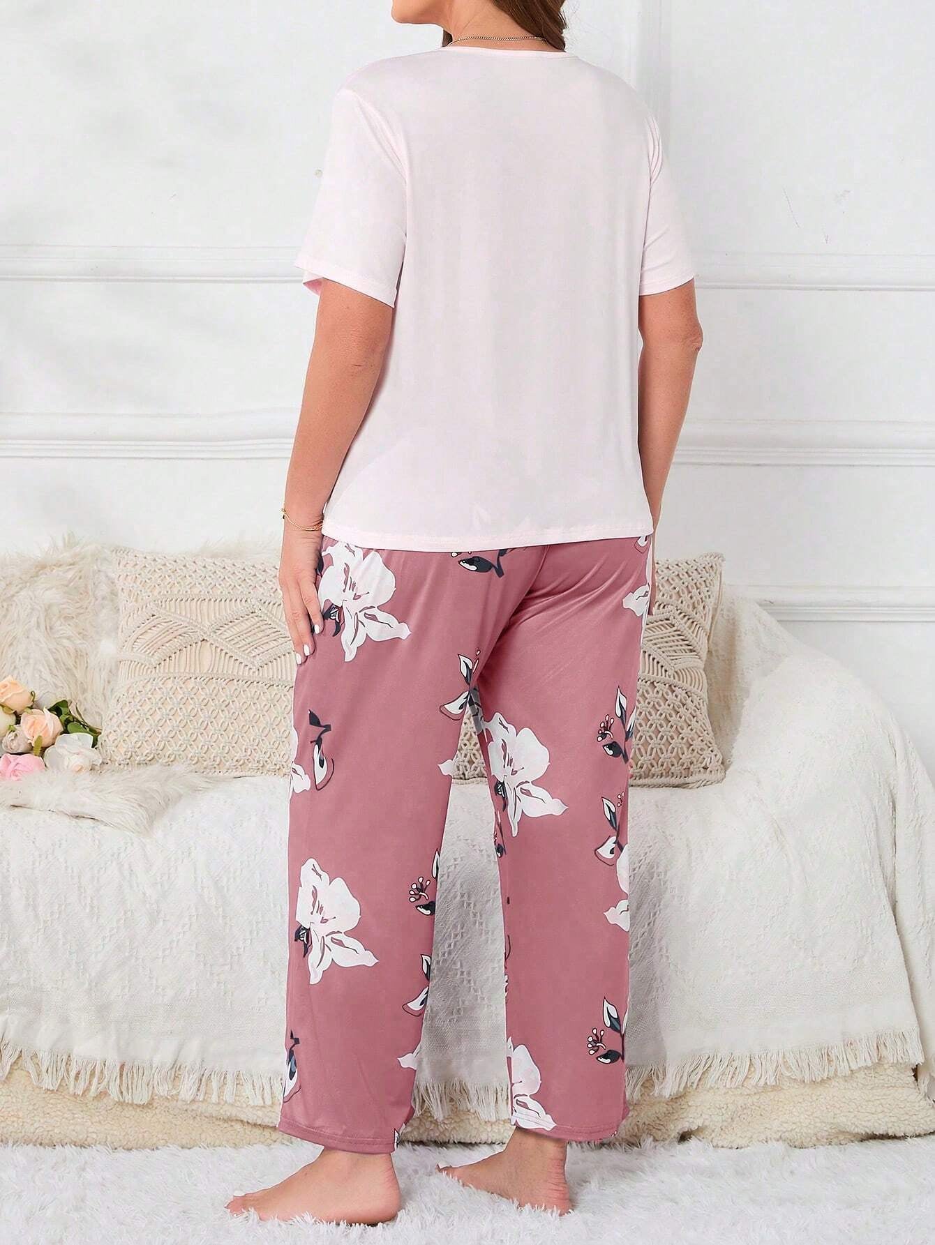 Plus Size Flower Print Pajama Set