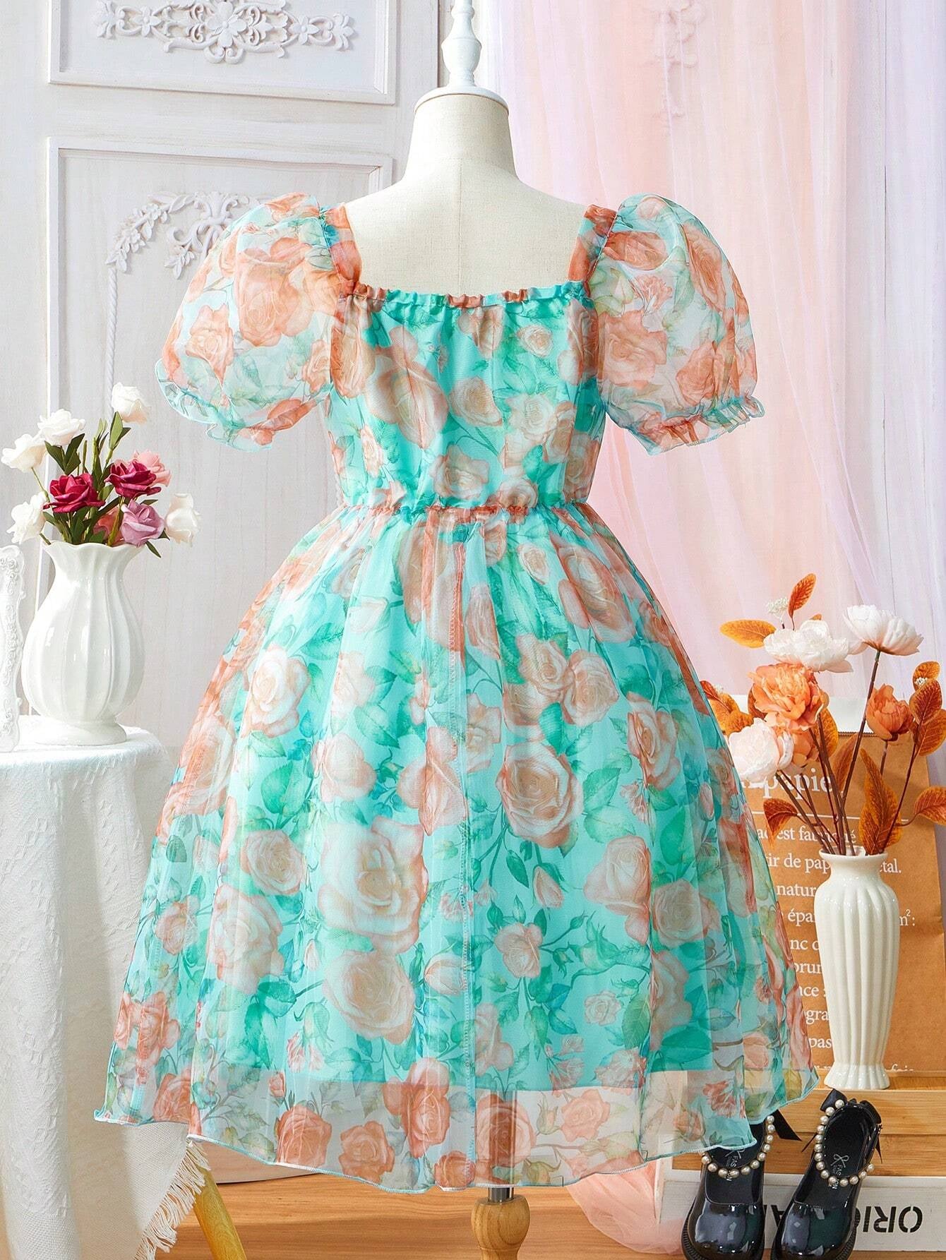 Tween Girl Floral Printed Mesh Patchwork Puff Sleeve Dress