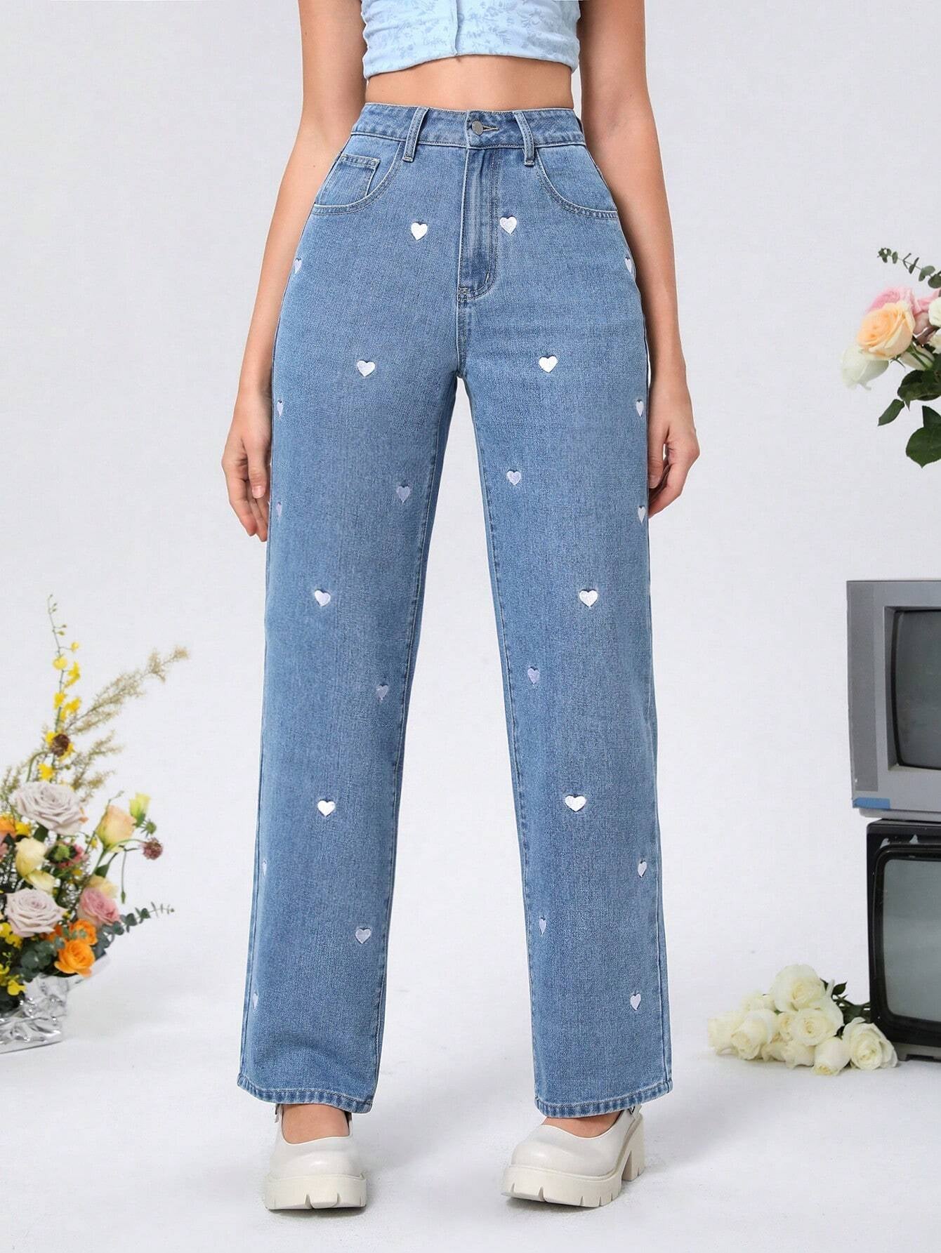 MOD Women'S Straight Leg Heart Print Jeans