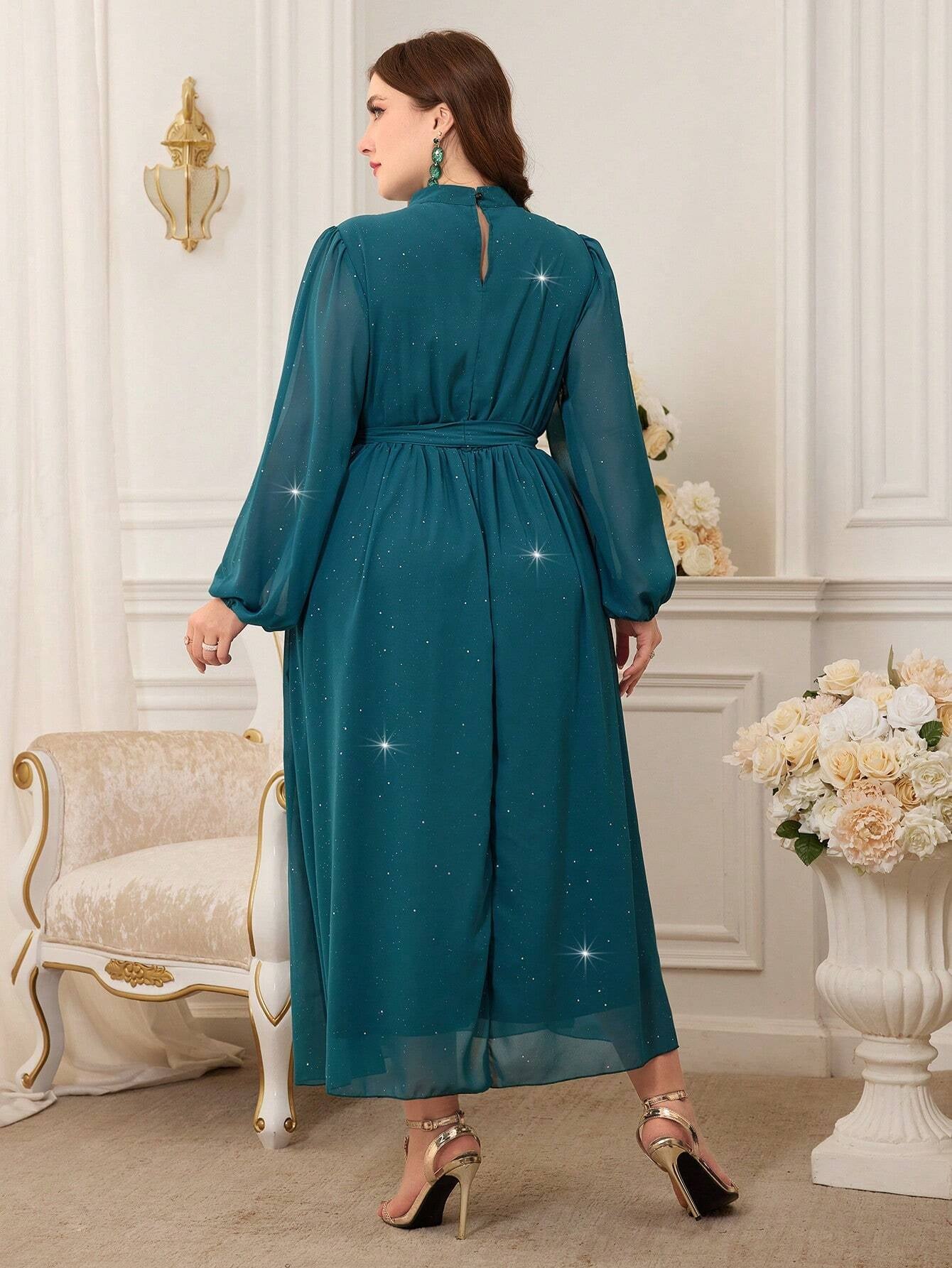 Modely plus Size Stand Collar Lantern Sleeve Dress