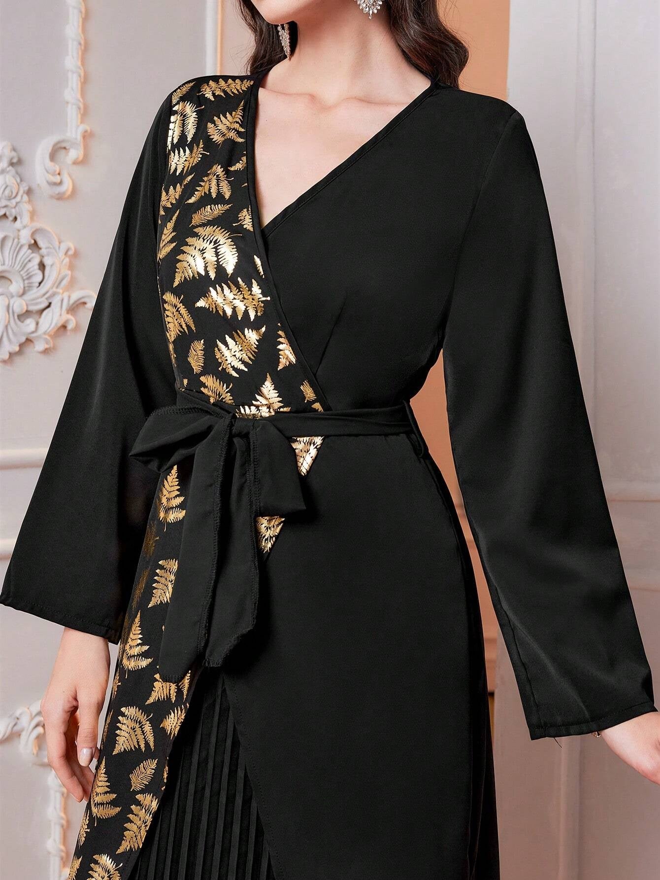 Modely Colorblock Gold Foil Printed V-Neck Swing Dress with Pleated Hem