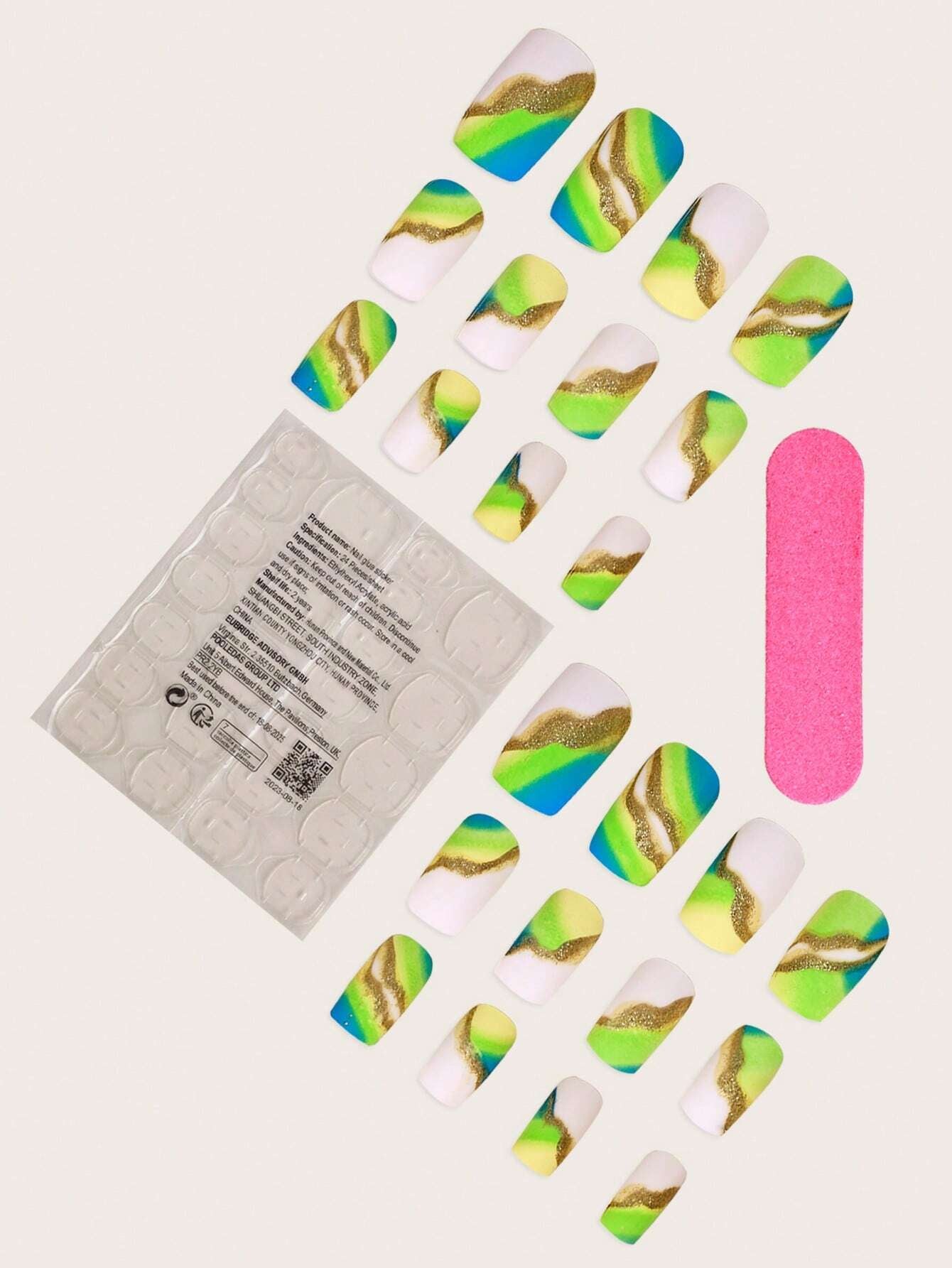 Green Smudged Gold Edge Short Square Wear Nails 24Pcs + 1 Piece of Jelly Glue + 1 Piece of Nail File