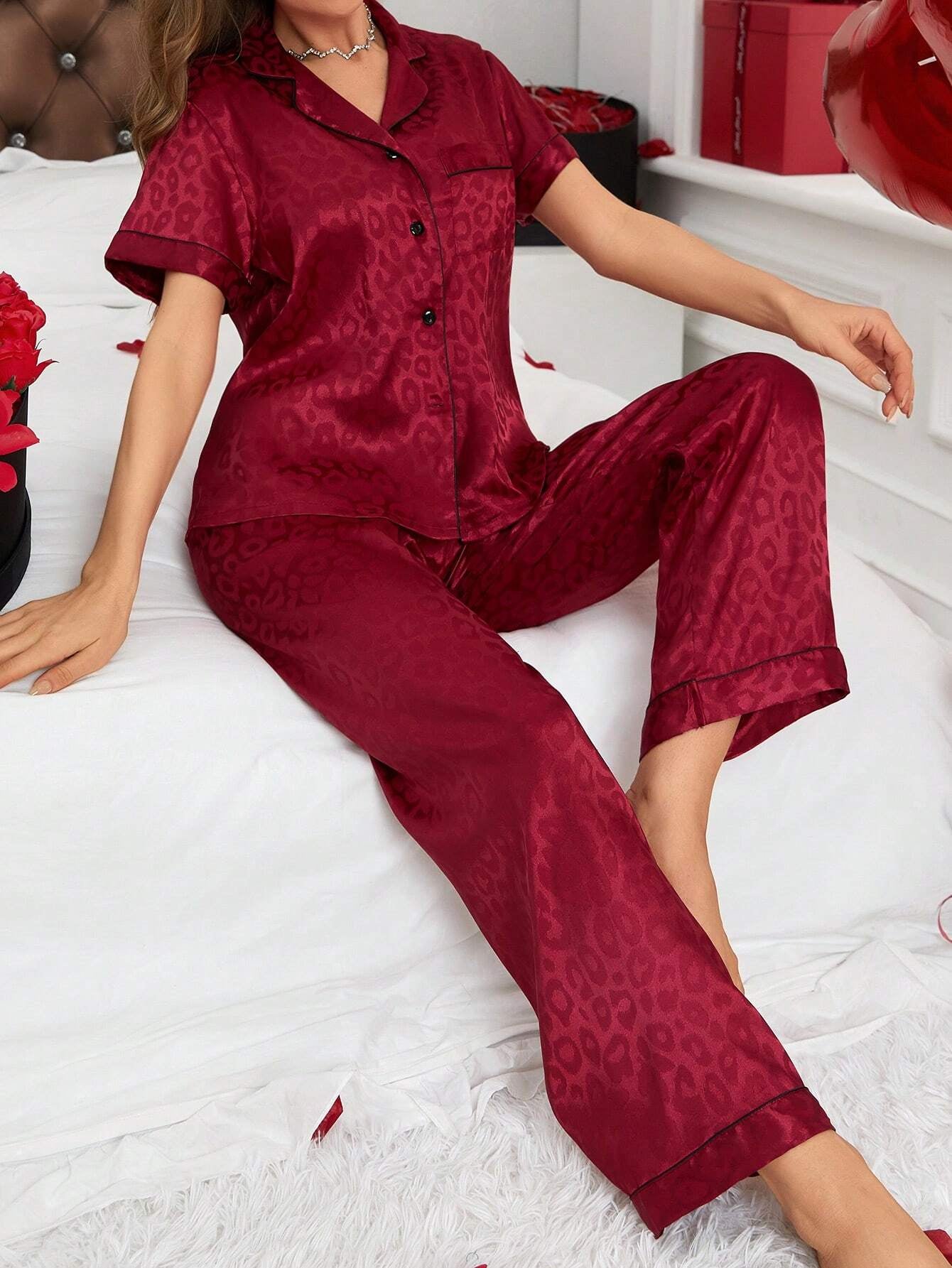 Color Block Leopard Print Jacquard Satin Pyjama Set with Rolled Hem