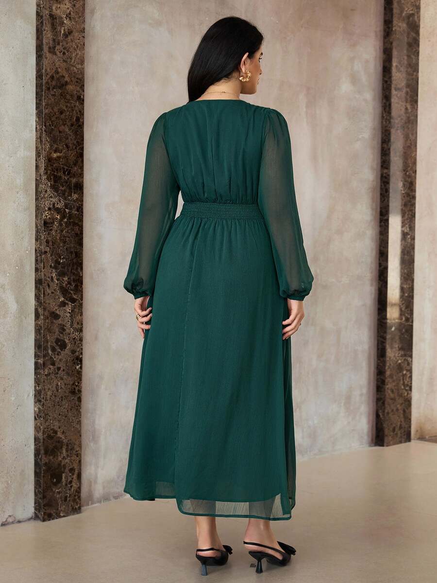 SHEIN Roveilla فستان شيفون مطوي بخصر لف وأكمام فانوس شفافة