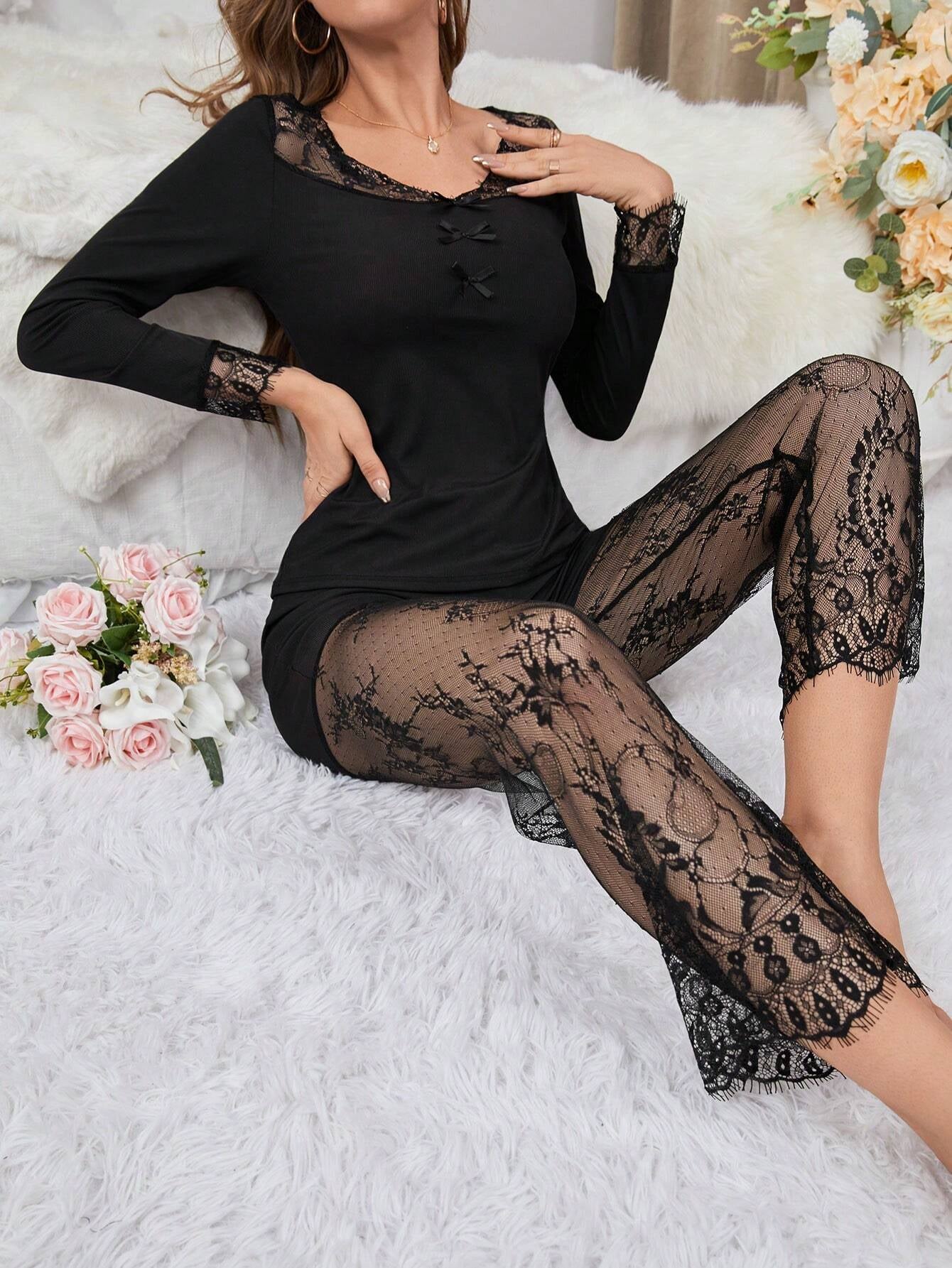Women'S Bowknot Decorated Long Sleeve Top and Lace Pants Pajama Set