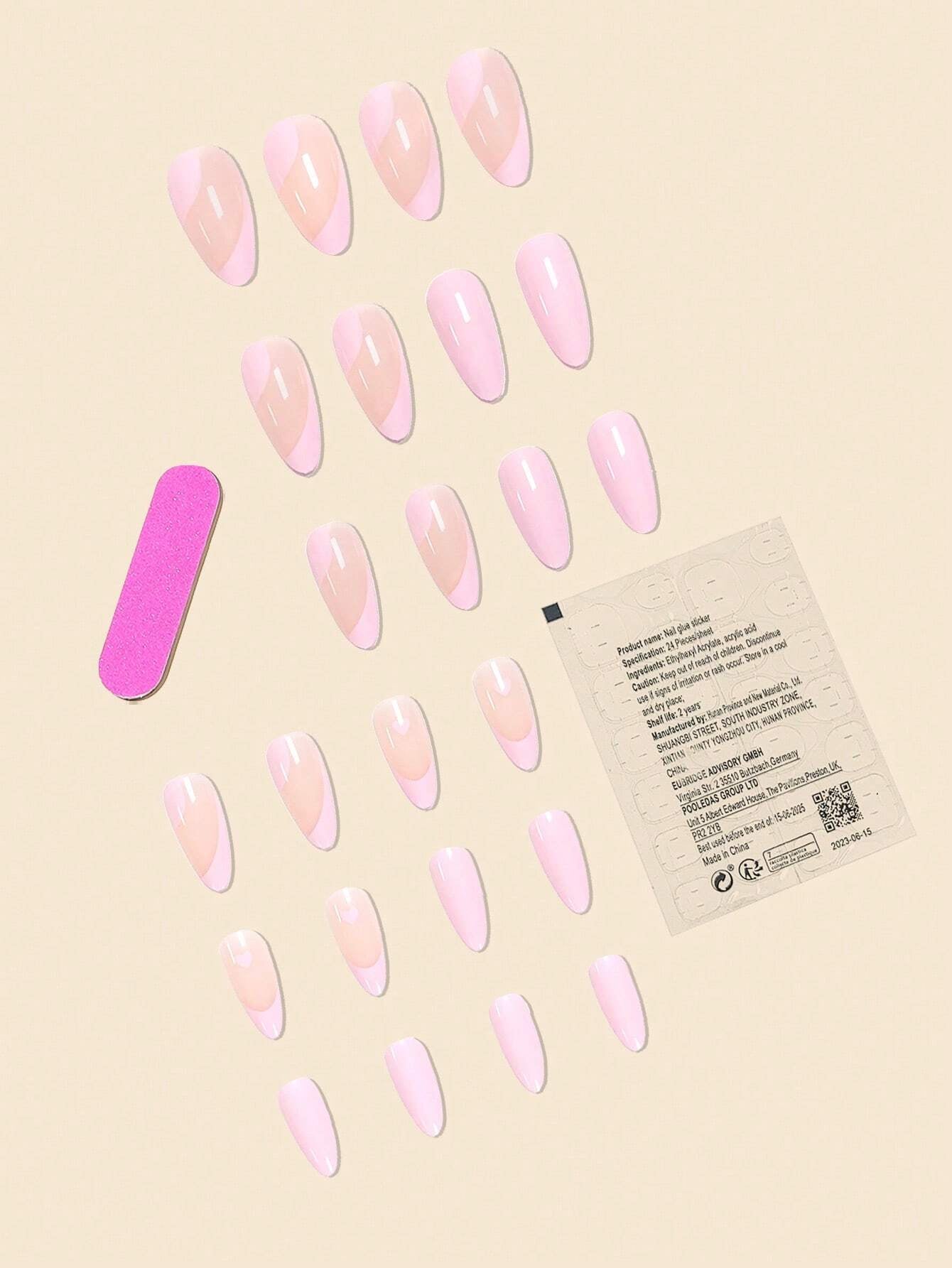 24Pcs False Nails in Waterdrop Shape, Black French Manicure with Small Flowers & Pointy Almond Shape +Jelly Glue + Nail File