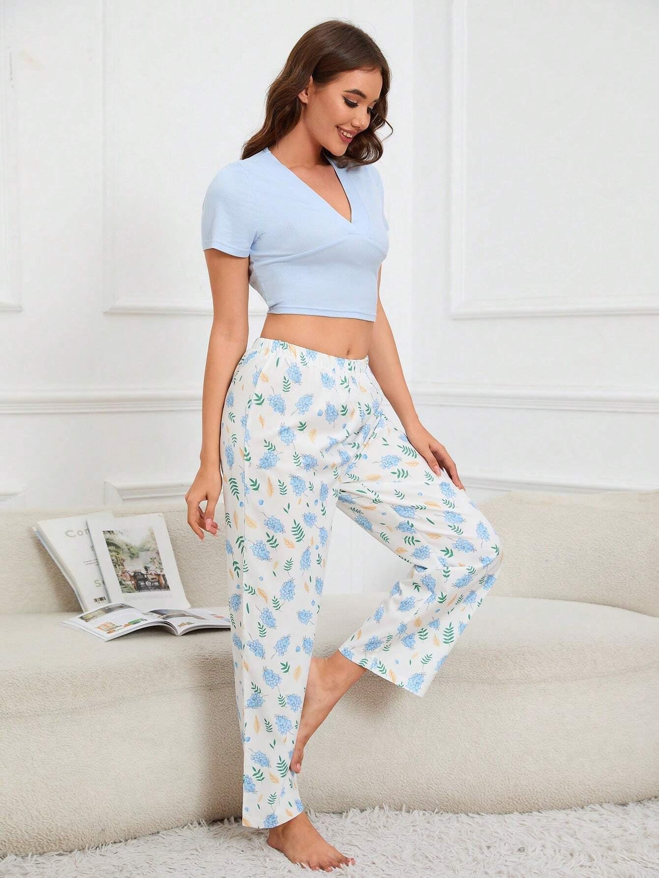 Solid Color Top Printed Trousers Home Wear Set