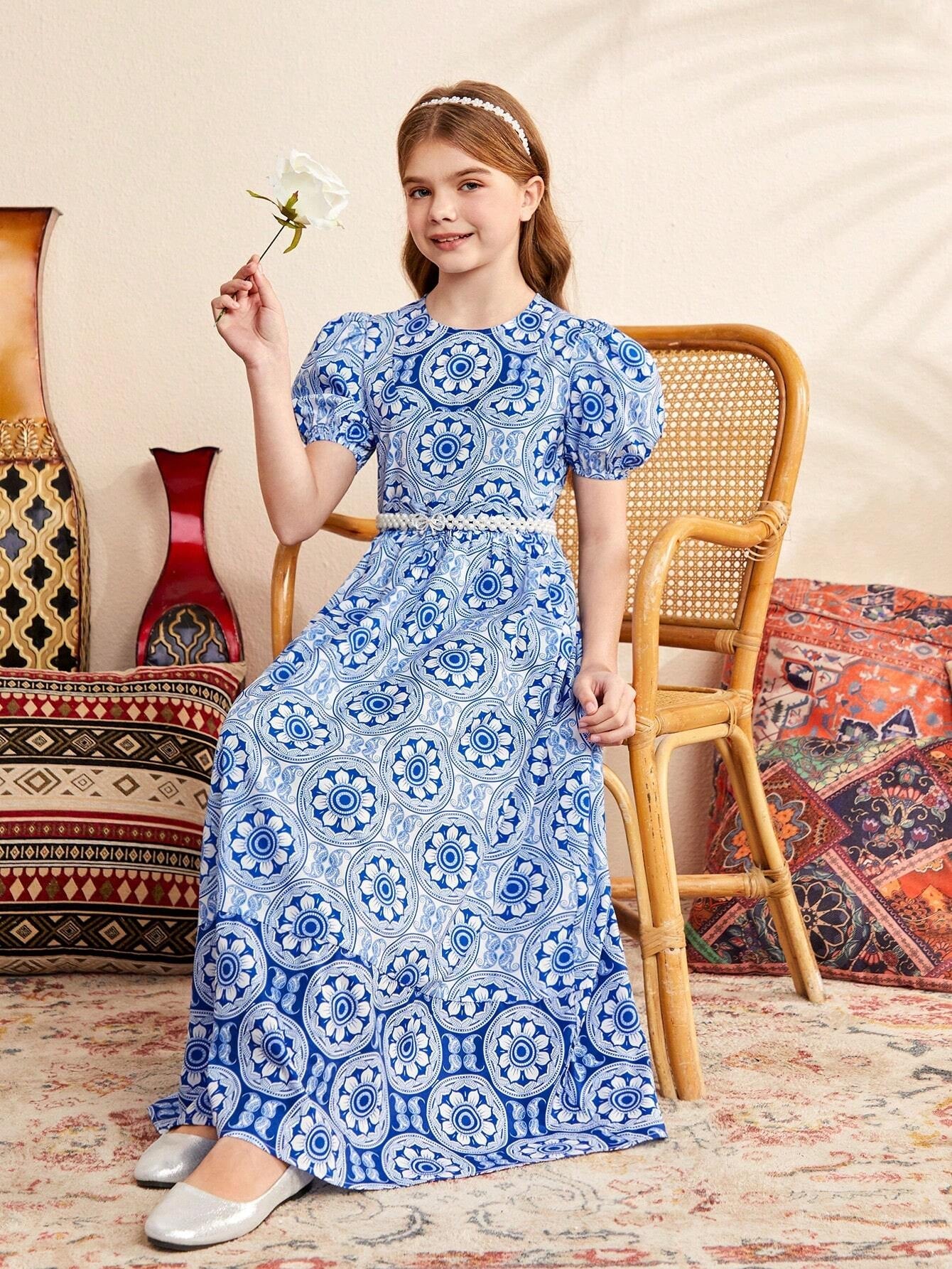 Tween Girls' Gorgeous round Neck Long Floral Patchwork Dress