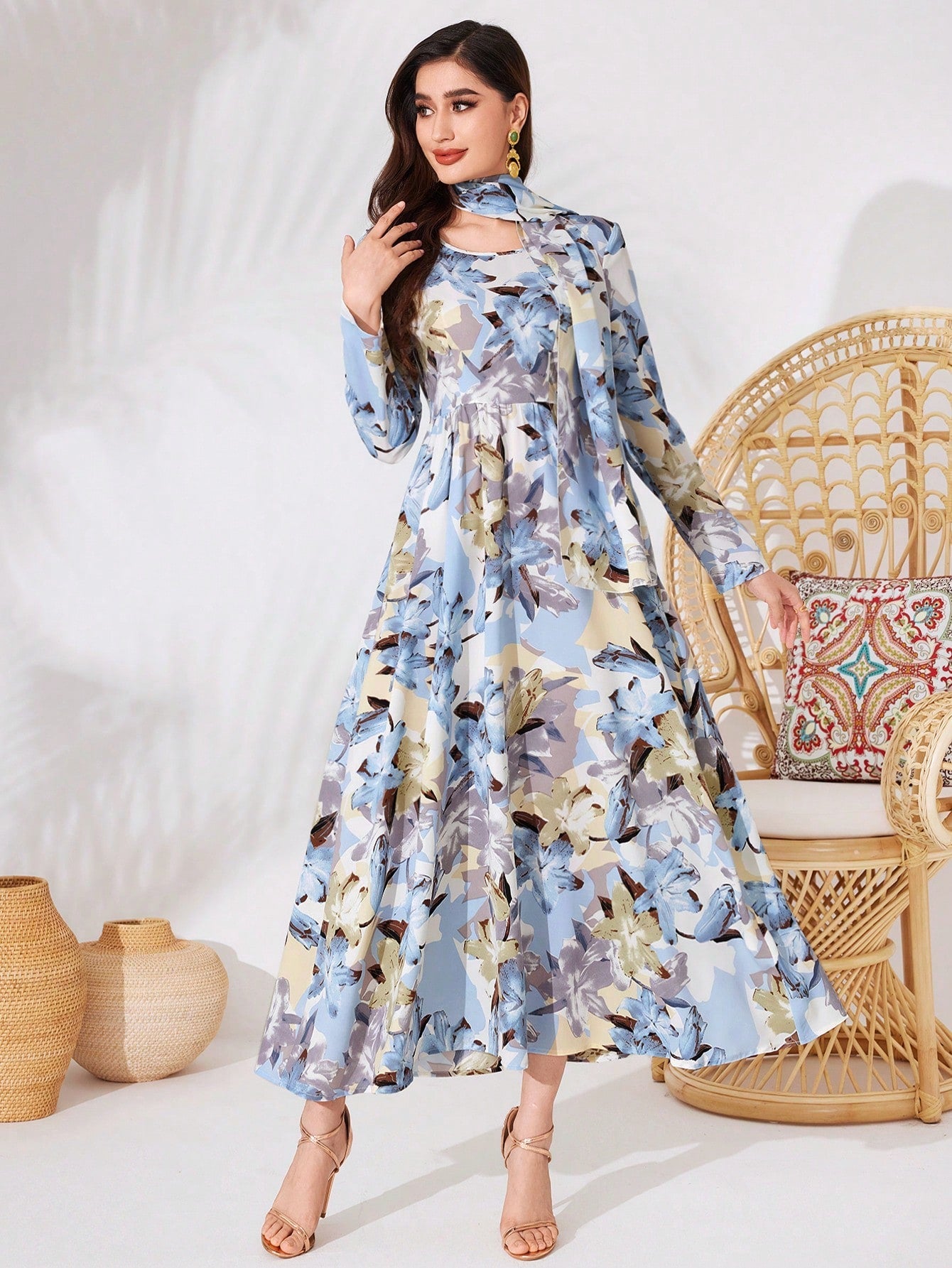 Modely Women'S Floral Print Long Sleeve Dress