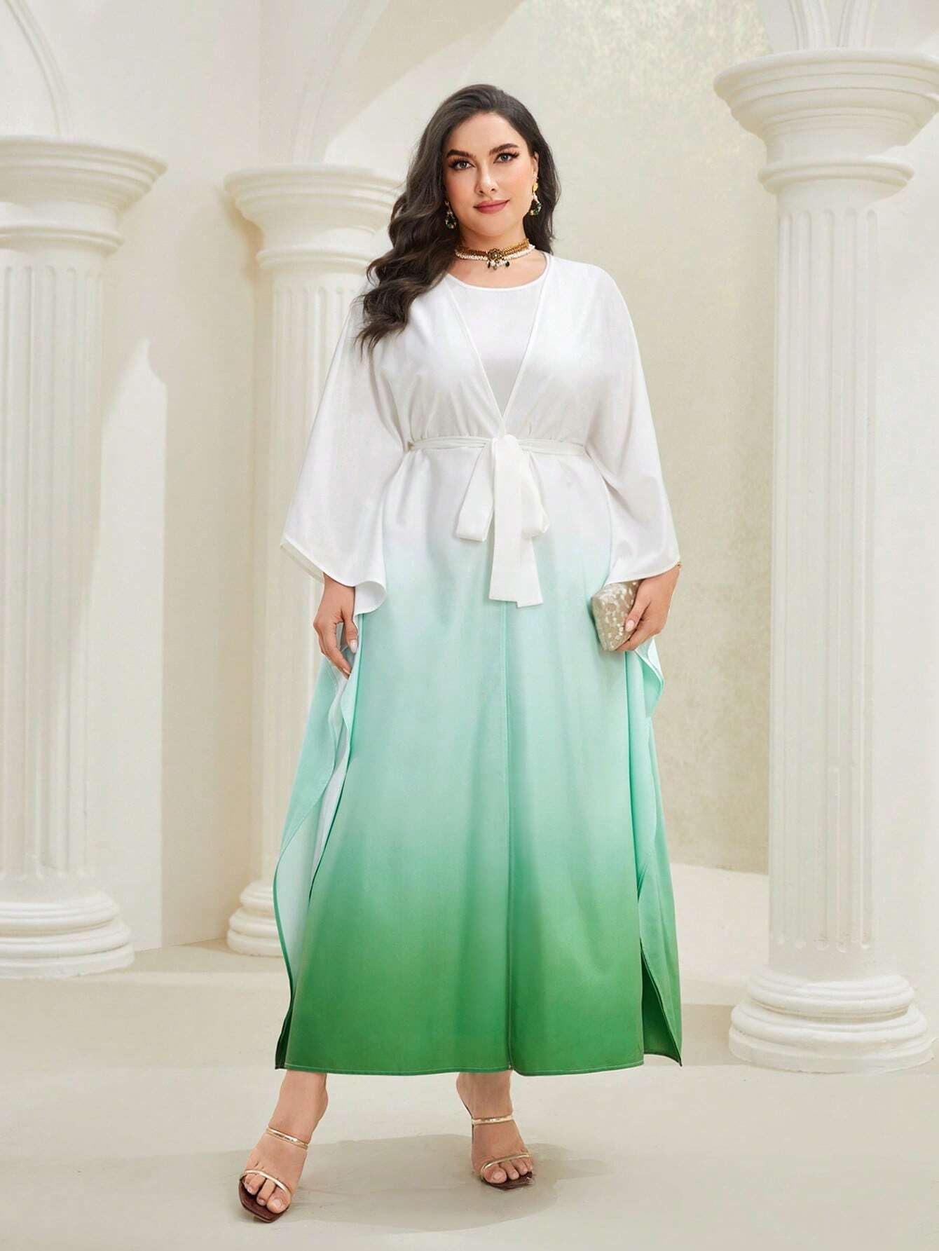 Najma plus Ombre Batwing Sleeve Belted Dress