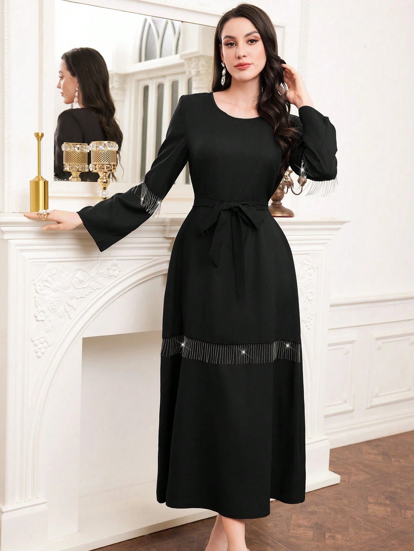 Najma Black round Neck Fringe Decorated Casual Dress