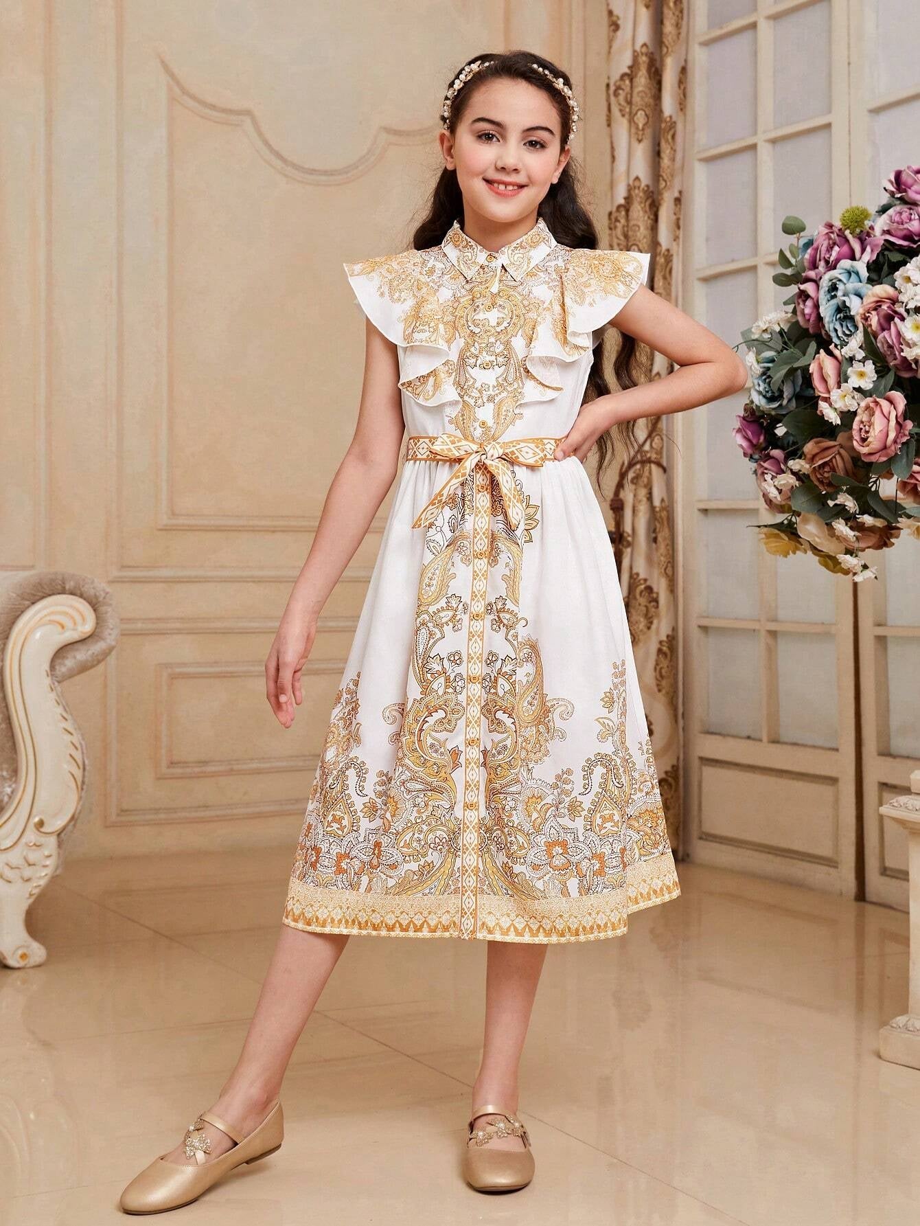 Tween Girls' Fitted Long Dress with Gorgeous Paisley Pattern, Ruffled Collar and Hem