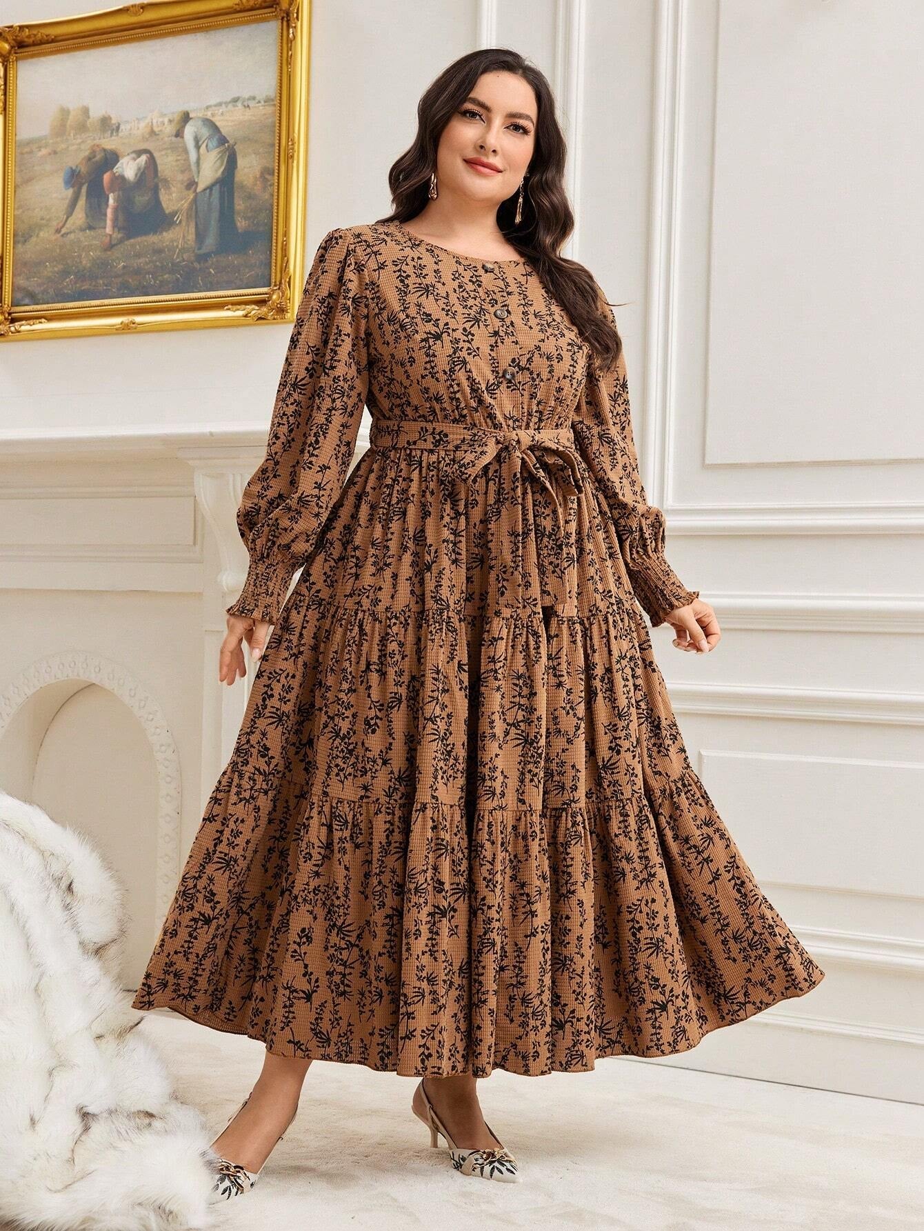 Mulvari plus Ditsy Floral Print Lantern Sleeve Ruffle Hem Belted Dress