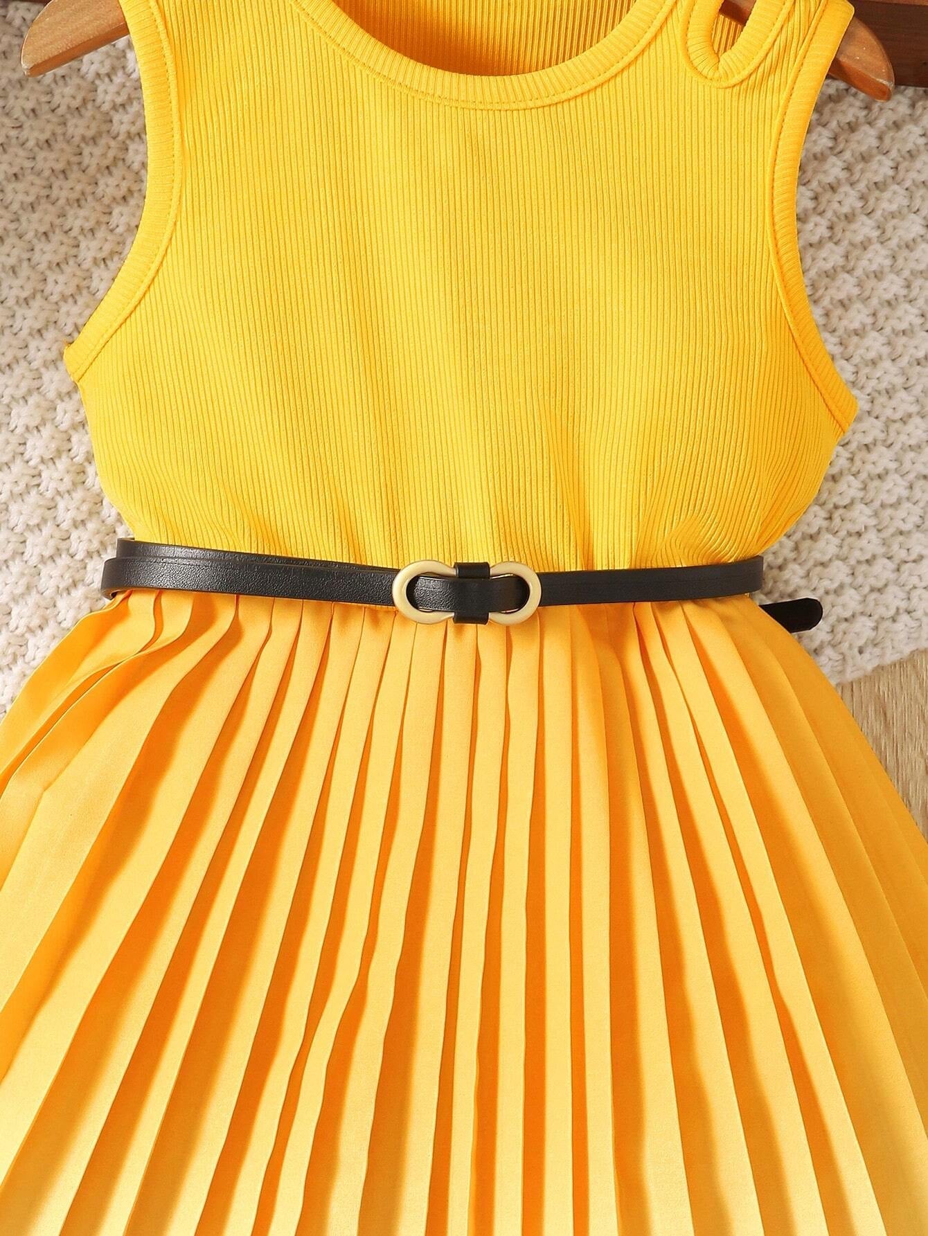 Young Girl Gradient Colorblock Pleated Hem Sleeveless Dress for Summer