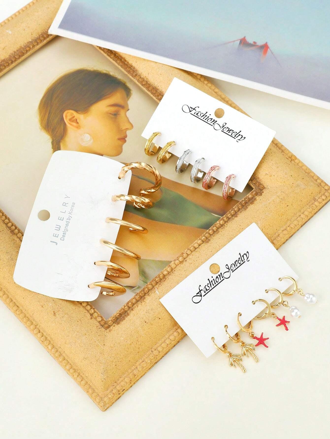 9Pairs/Set Fashionable Zinc Alloy Rhinestone Moon & Faux Pearl Decor Stud Earrings for Women for Daily Decoration